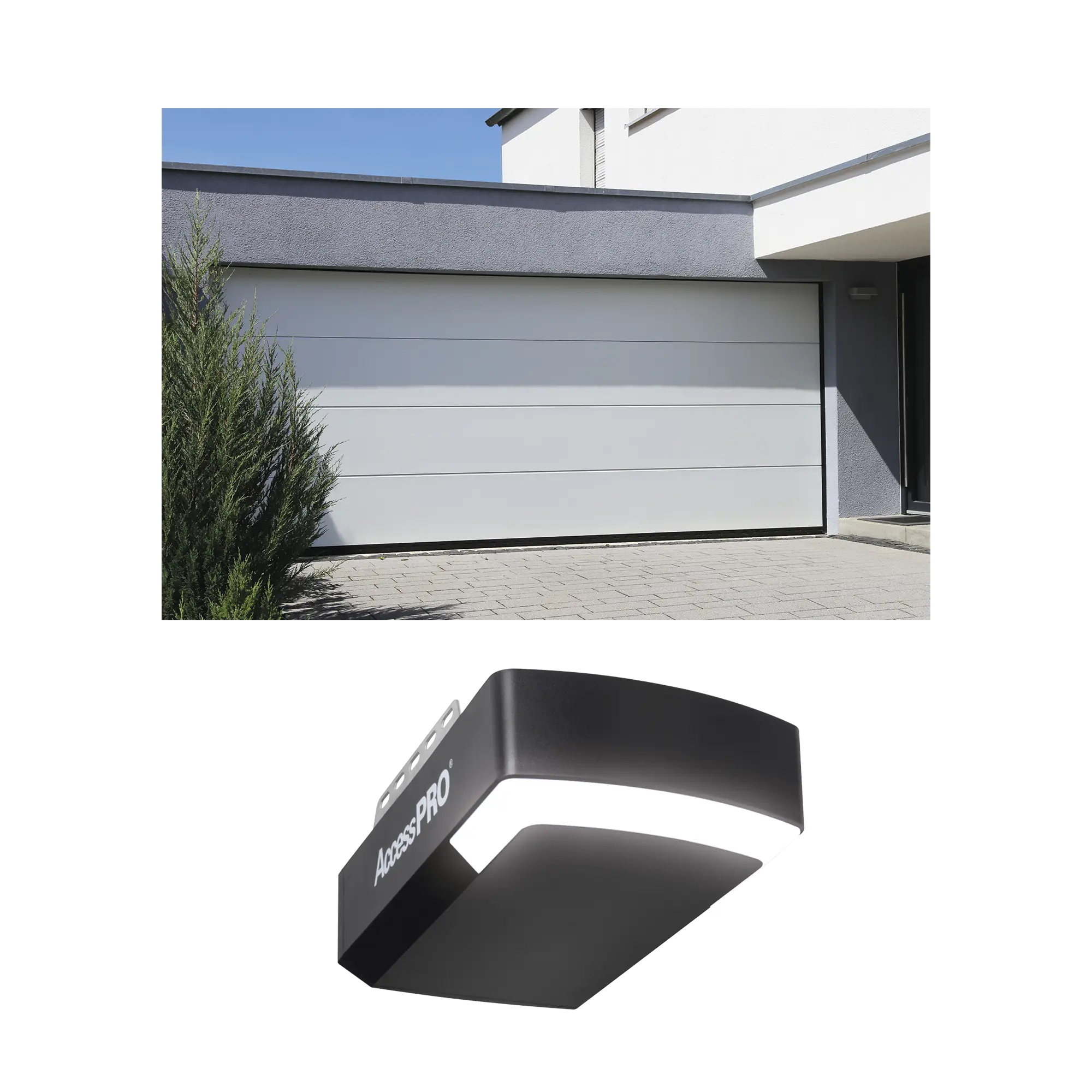 KIT COMPLETO Puerta D/ Garage 14×7 Pies / Lisa Linea Central / Color blanco / Insulada / Incluye Motor FS1000APPRT / 1/2HP / Fuerte/Silencioso/Luz LED/Motor DC .