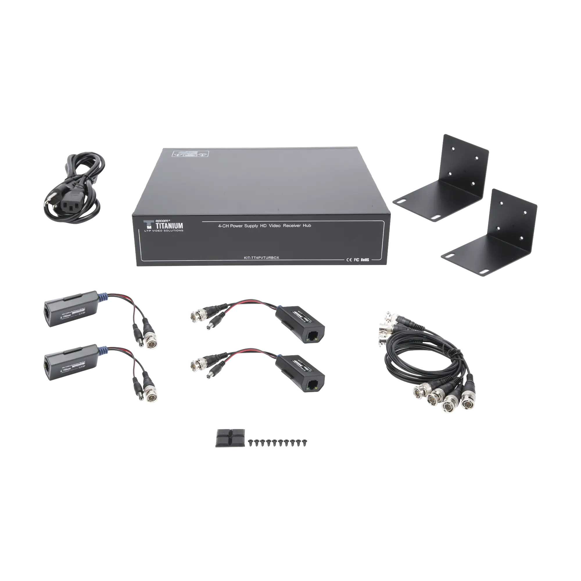 Kit de TRANSCEPTOR ACTIVO DE 4 CANALES / VIDEO+PODER en un solo Cable UTP / 150 metros en 4K, 200 metros en 5 MP/ Envía 36 Vcc y Recibe 12 Vcc / TODO INCLUIDO PARA RACK / Compatible con cámaras HD-TVI/CVI/AHD/CVBS / INSTALACIÓN LIMPIA