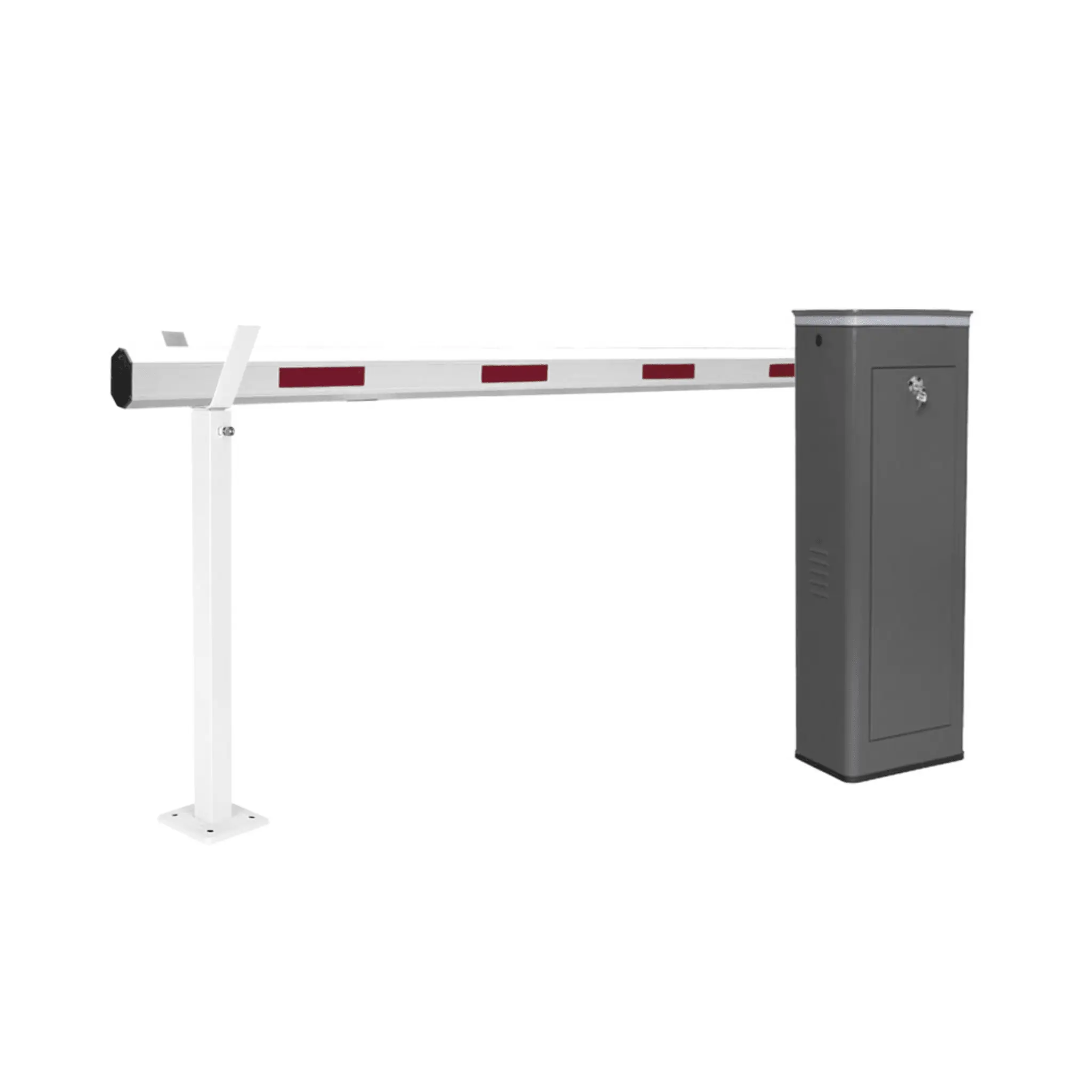 Kit de Barrera Vehicular Izquierda y Brazo Telescópico de Hasta 5.5 m / Finales de Carrera Ajustables por Programación / Movimiento Fluido / Diseño Elegante Color Gris / Con Corona Led Semaforizada