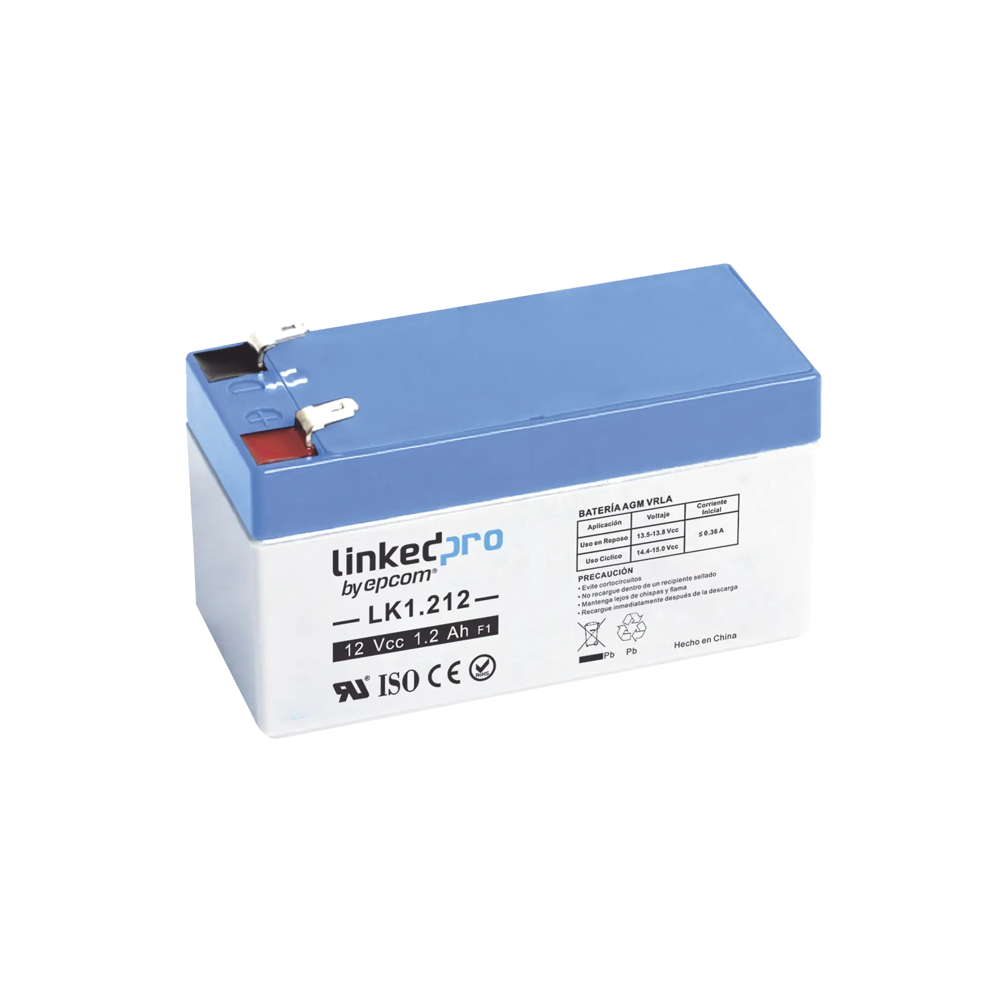 Batería 12 V / 1.2 Ah / UL / 5 Años vida útil promedio / Para uso en equipo electrónico /Alarmas de Intrusión / Incendio/ Control de acceso / Video Vigilancia / Terminales F1 ( Incluye adaptador F2 )