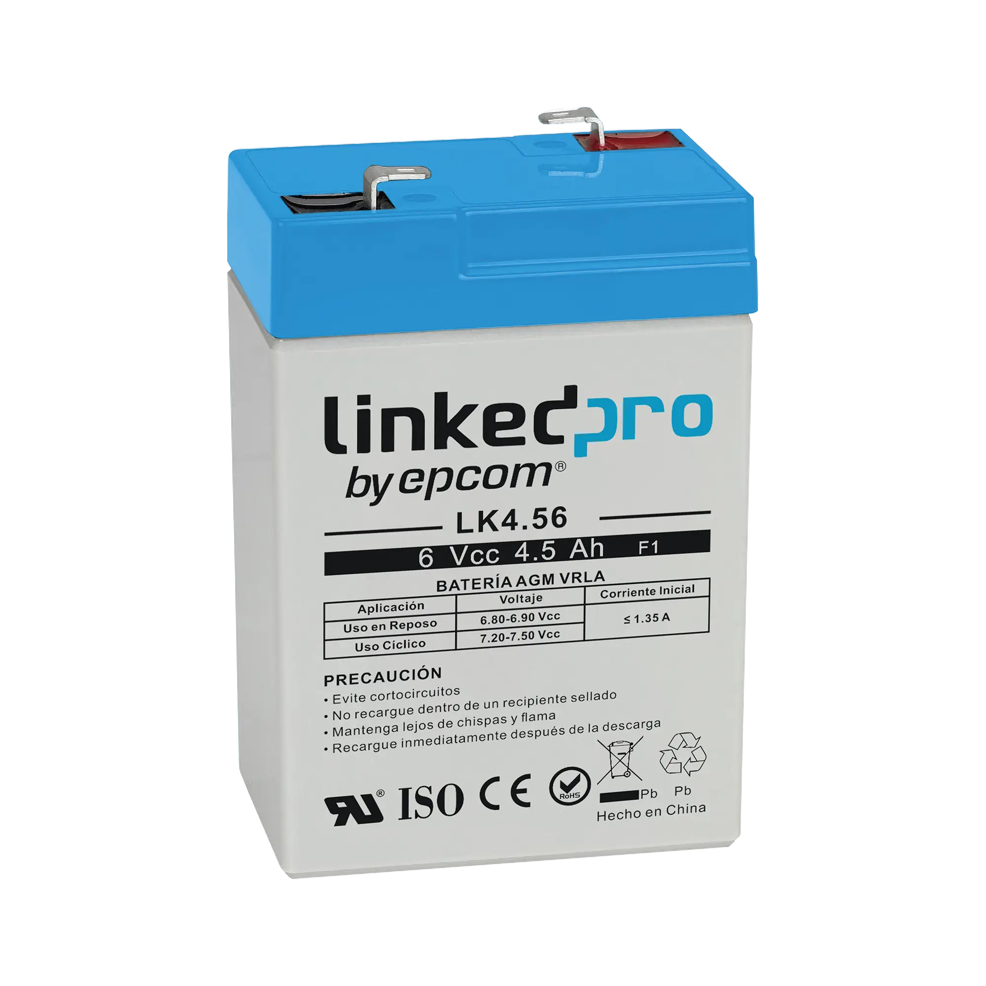 Batería 6 V / 4.5 Ah / UL / Tecnología AGM / Vida útil promedio 5 años / Para uso en equipo electrónico, Alarmas de Intrusión / Incendio/ Control de acceso / Video Vigilancia / Terminales F1 ( Incluye adaptador F2
