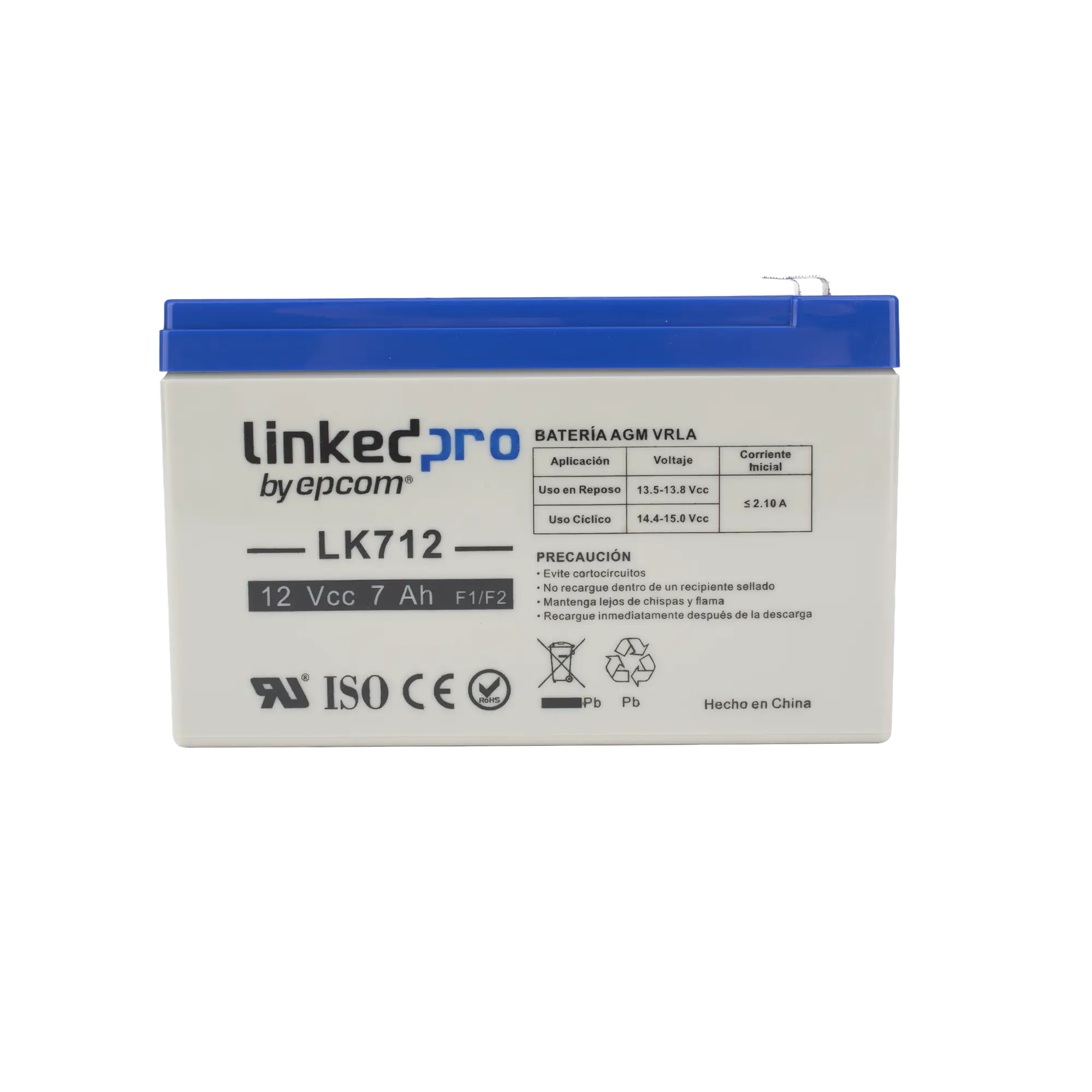 Batería 12 V / 7 Ah / UL / Tecnología AGM / Vida útil promedio 5 años / Uso en equipo electrónico, Alarmas de Intrusión / Incendio / Control de acceso / Video Vigilancia / Terminales F1 ( Incluye adaptador F2 )