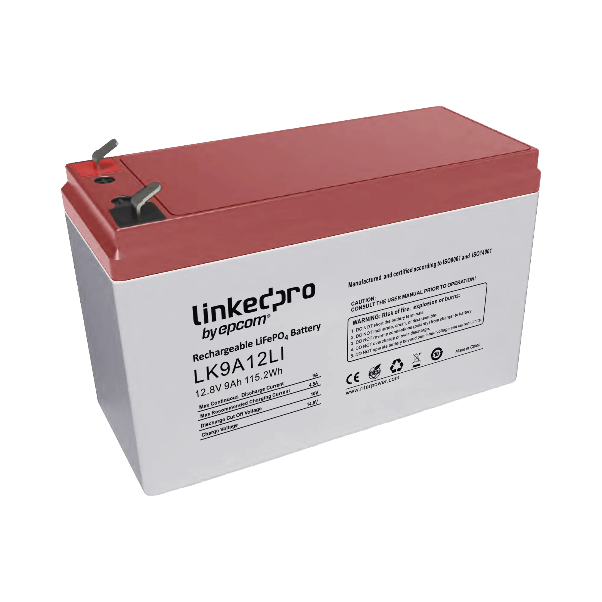 Batería de Litio 12.8 Vcc / 9 Ah / Tecnología LiFePO4 /2000 Ciclos de Vida/ Para uso en equipo electrónico, UPS (litio) / Incendio/ Control de acceso / Video Vigilancia / Terminales F1 ( Incluye adaptador para terminal F2 )