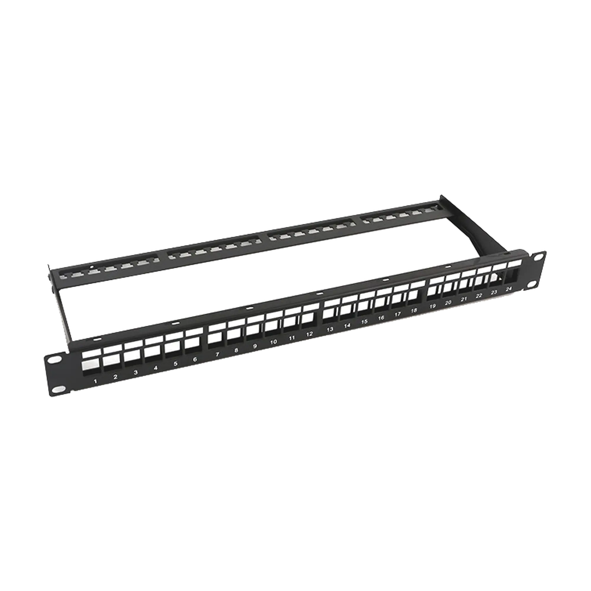 Patch panel modular sin blindaje de 24 puertos, 1U, con barra para organizar cable