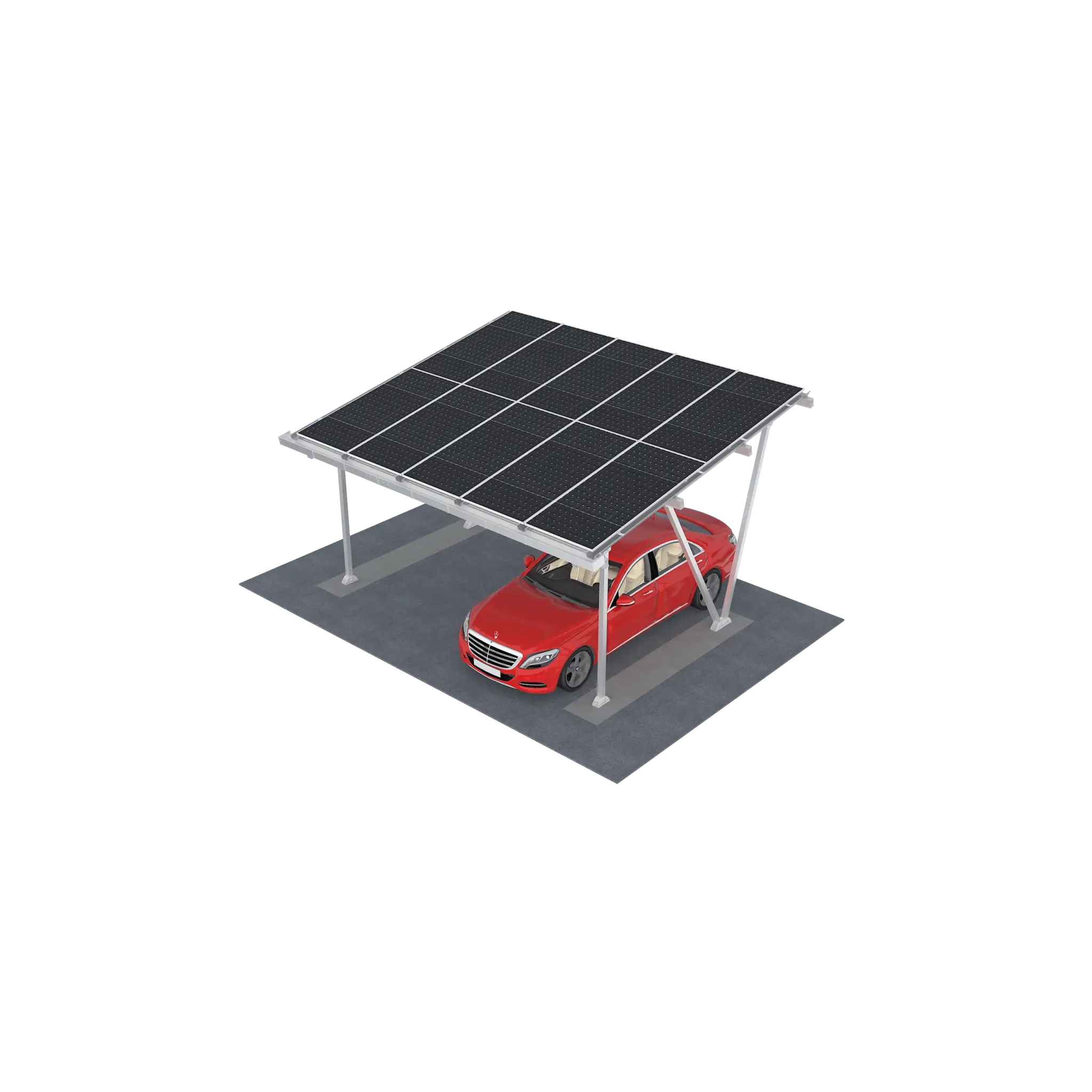 Sistema Solar Carport MRac para Estacionamientos / Estructura Aluminio Anodizado Al6005-T5/T6 / Compatible Módulos Framed y Frameless / Diseño Personalizado Caso por Caso / Inclinación 10° / Altura Libre 2300 mm+ / Resistencia Vie