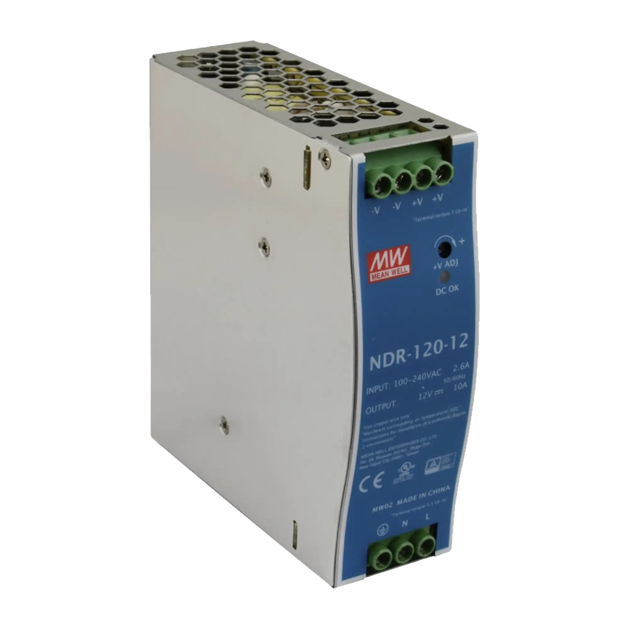 Fuente de poder industrial de 120 W, salida 12 Vcc, entrada 90~264 VCA, para montaje en riel DIN,