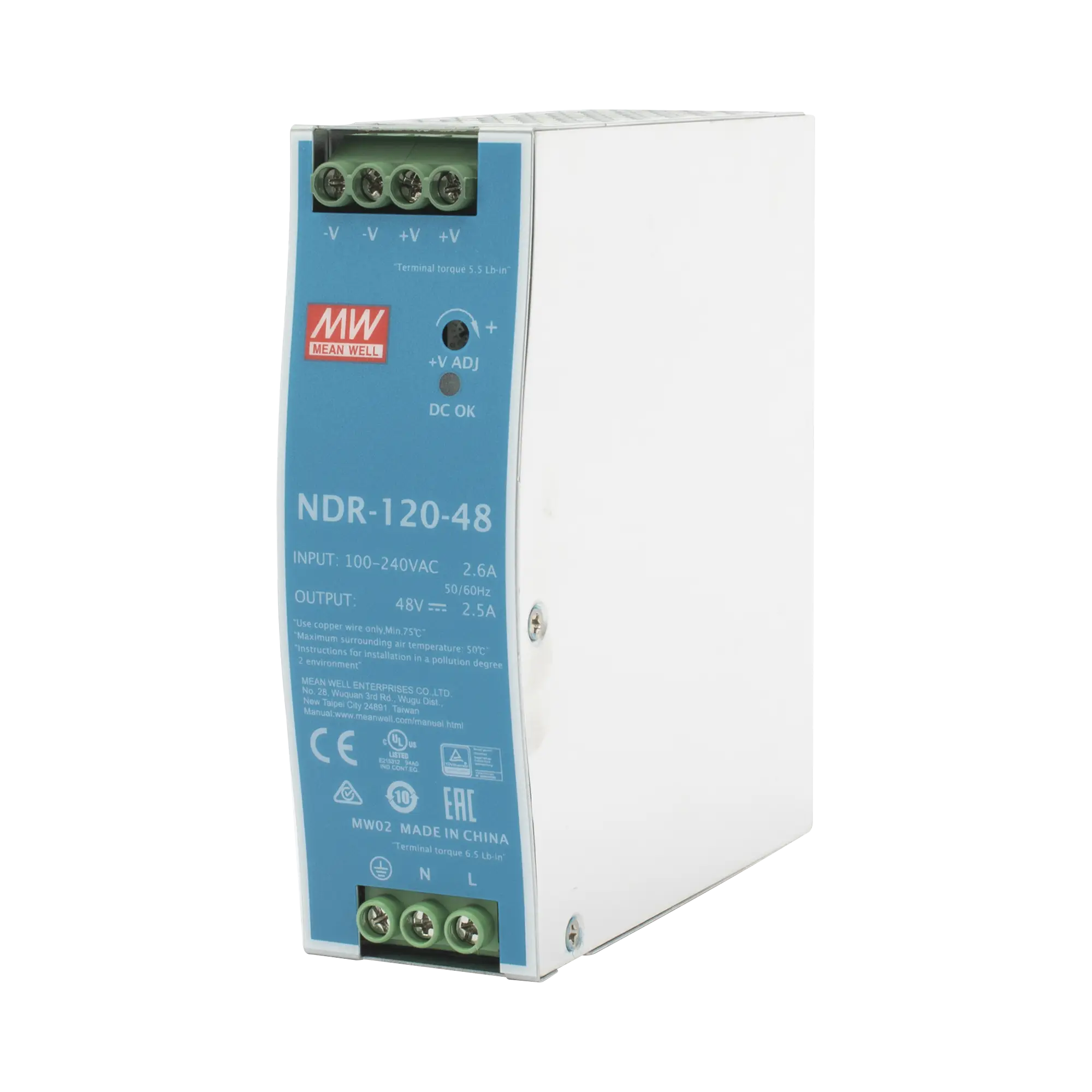 Fuente de poder industrial de 120 W, salida 48 Vcc, entrada 90~264 VCA, para montaje en riel DIN,