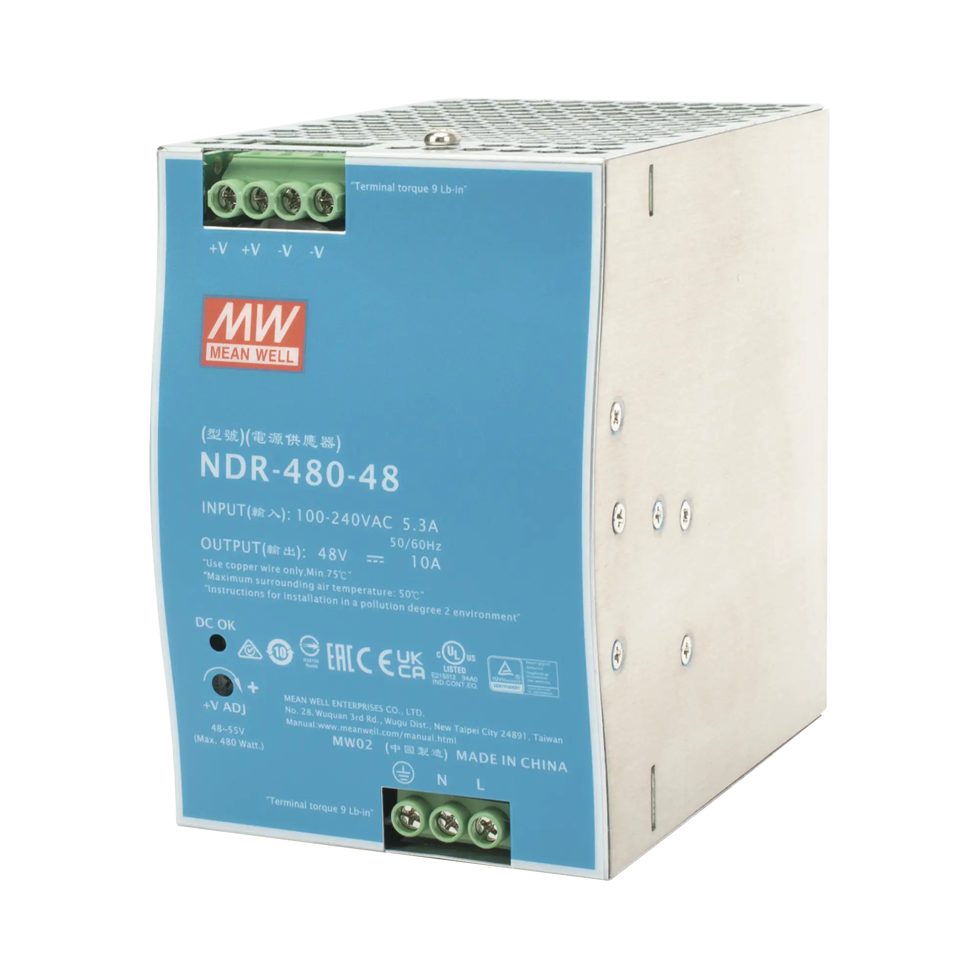 Fuente de Poder Industrial de 480W, salida 48 Vcc, para montaje en riel Din