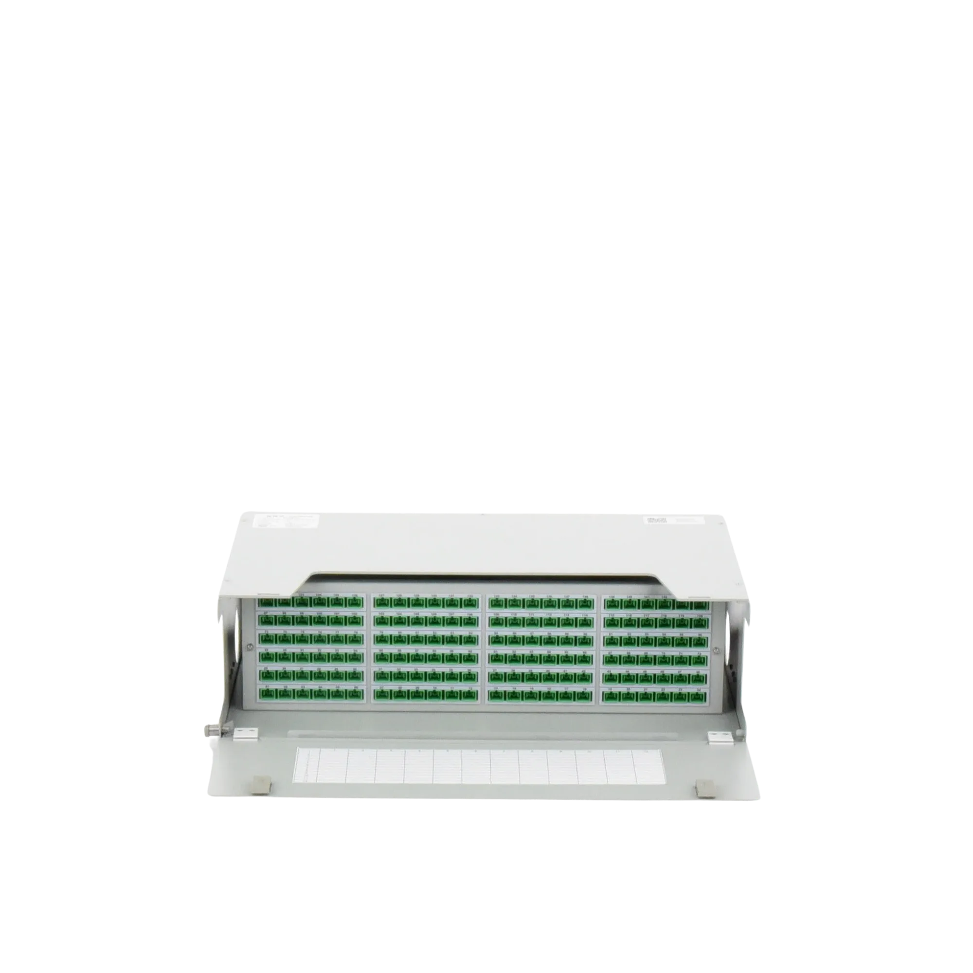 Distribuidor de Fibra Óptica para 144 empalmes, con 144 acopladores SC/APC y 144 pigtails SC/APC, 19″, 3 UR