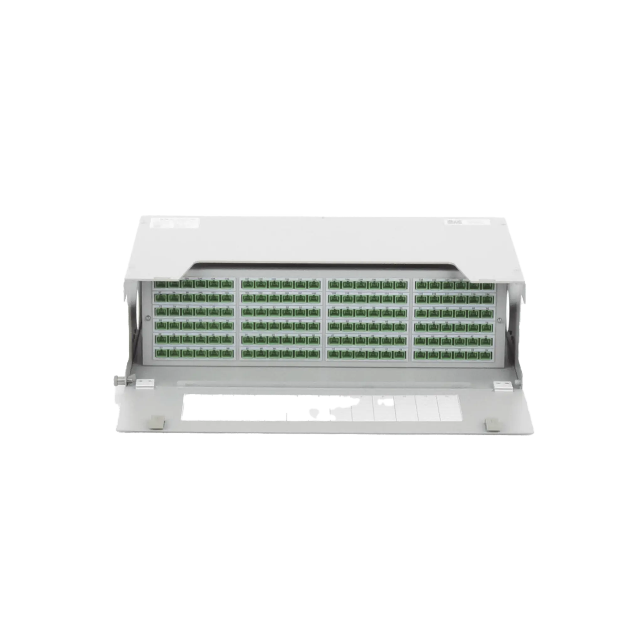 Distribuidor de Fibra Óptica para 144 empalmes, con 144 acopladores SC/APC y 144 pigtails, 19″, 5 UR