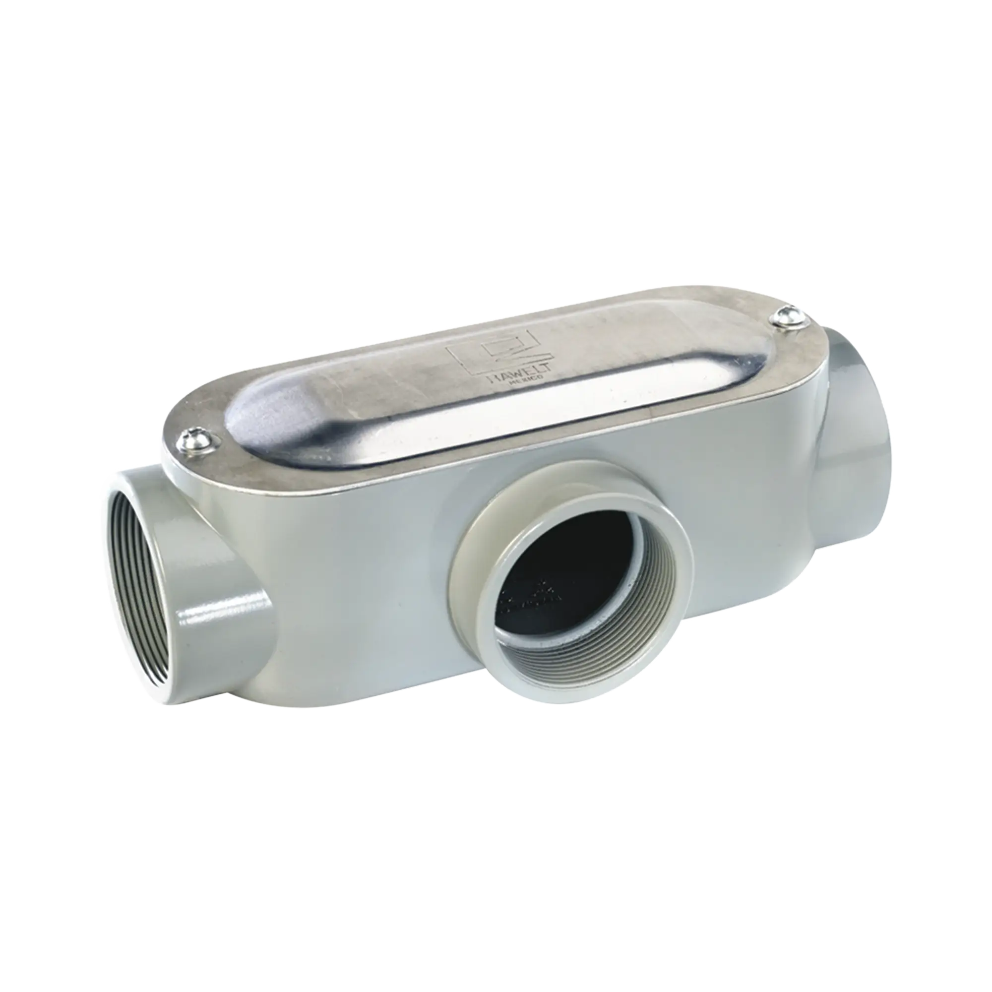Caja oval roscada tipo T de 2 1/2" l (63.5 mm) incluye tapa y tornillos.