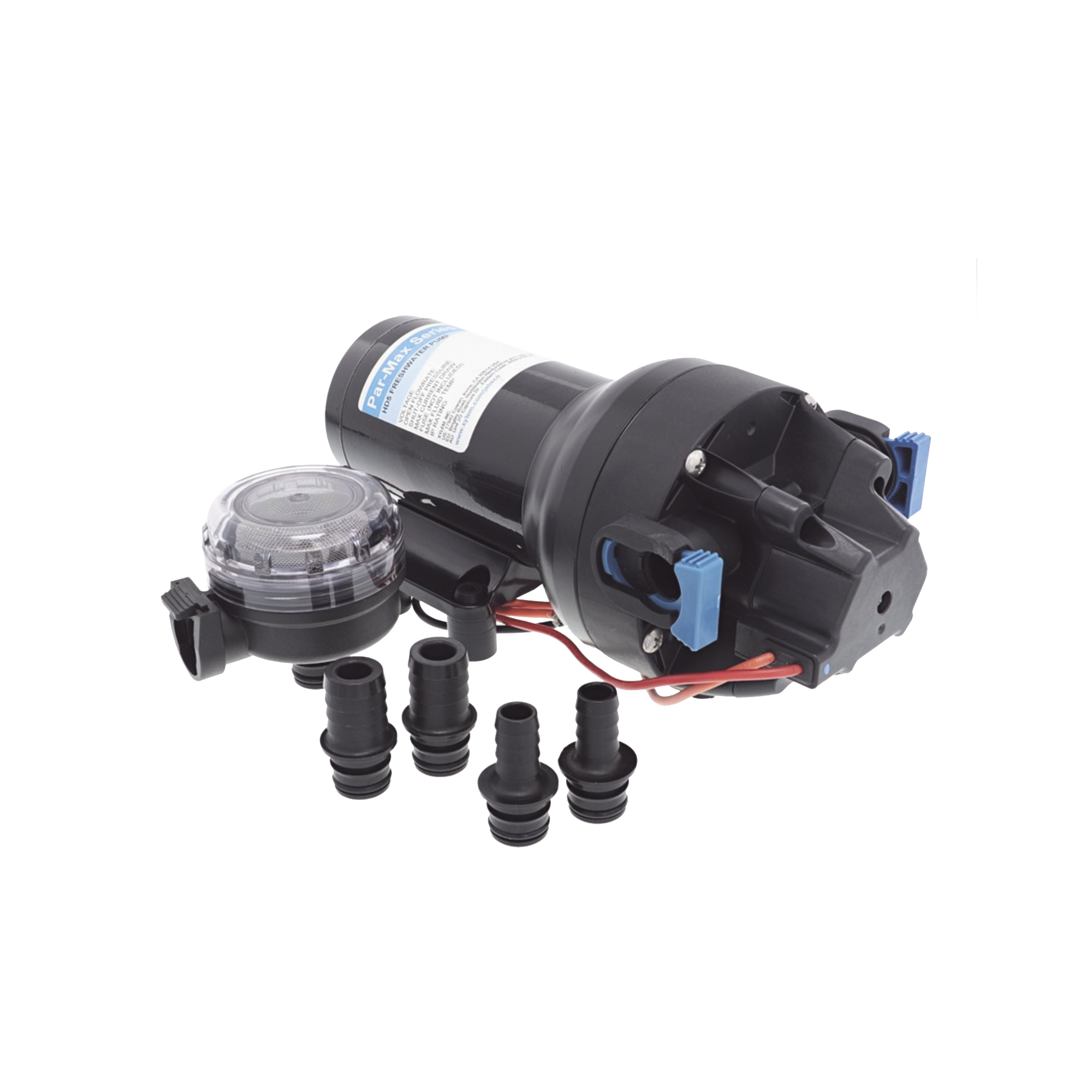 Bomba controlada por presión Par Max para trabajo pesado a 12 Vcd, caudal de 5 GPM, presión máxima 40 psi, para manguera de entrada con orificio de 38 mm (1½”), manguera de descarga con orificio de 25 mm (1”)