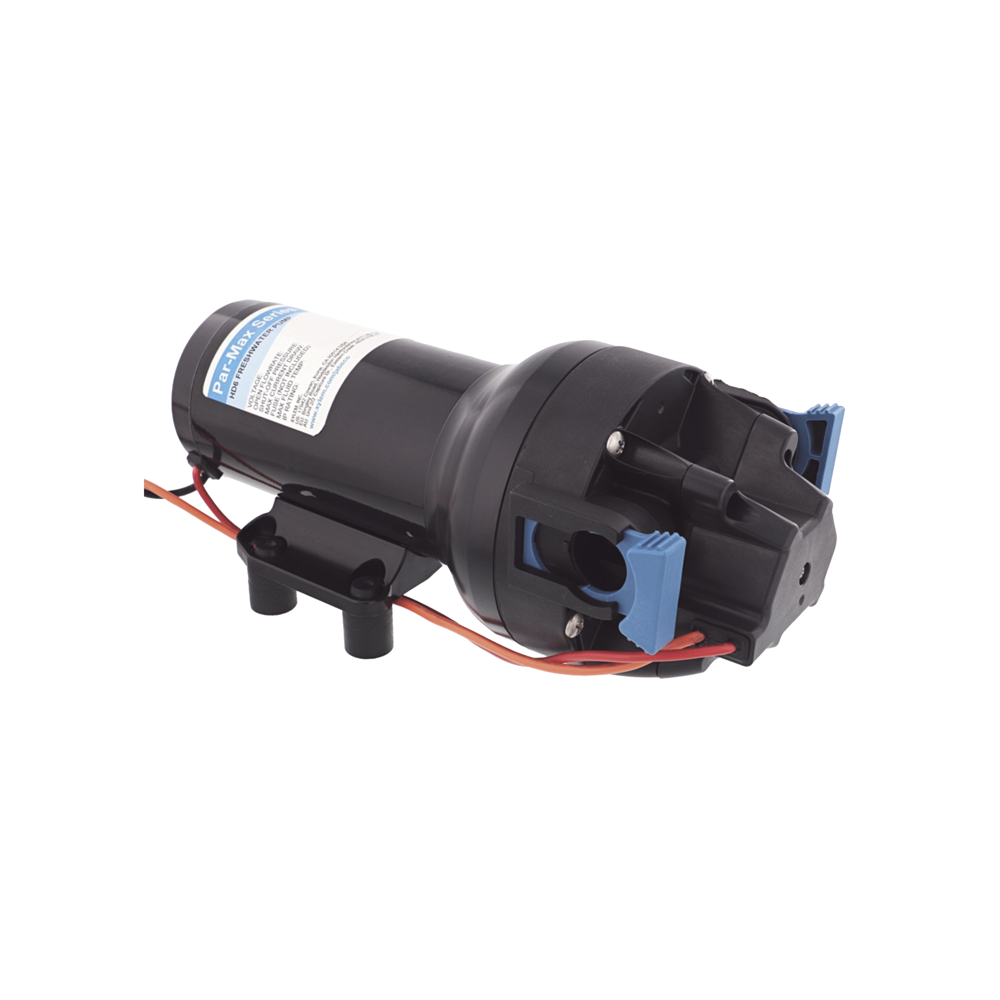 Bomba controlada por presión Par Max 6 para trabajo pesado a 12 Vcd, caudal de 6 GPM, presión máxima 40 psi, para manguera de entrada con orificio de 38 mm (1½”), manguera de descarga con orificio de 25 mm (1”)