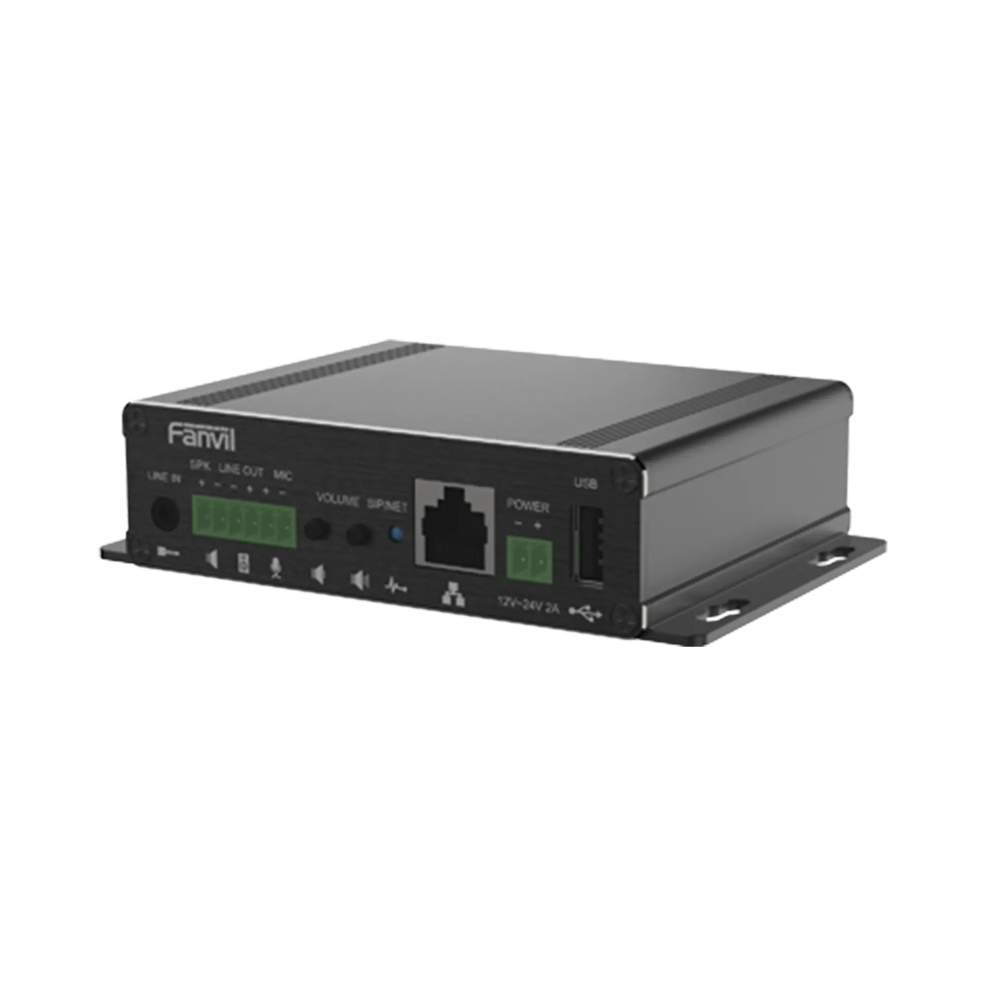 Gateway para Voceo IP/SIP,  Entrada de audio (3.5mm), salida de amplificador integrado de hasta 30W, puerto USB (reproducción de MP3),