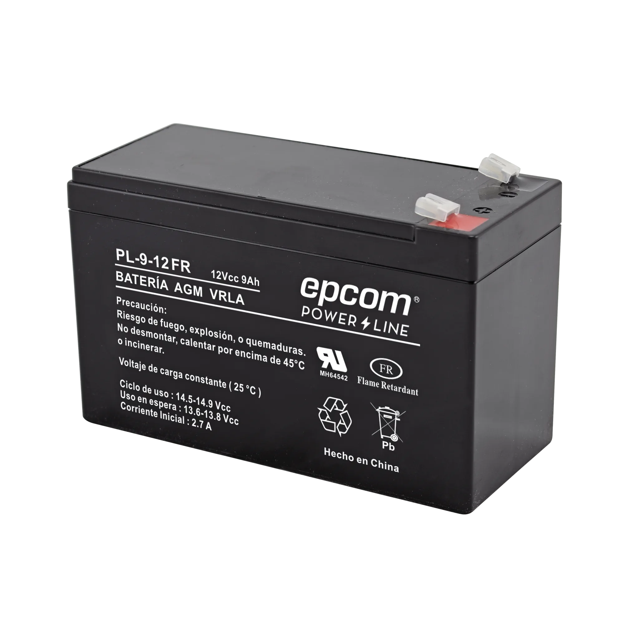 Batería 12 Vcc / 9 Ah / UL / Tecnología AGM-VRLA / Retardante a la flama / Para uso en equipo electrónico Alarmas de intrusión / Incendio/ Control de acceso / Video Vigilancia / Terminales tipo F1 / Cargador recomendado CHR-80.