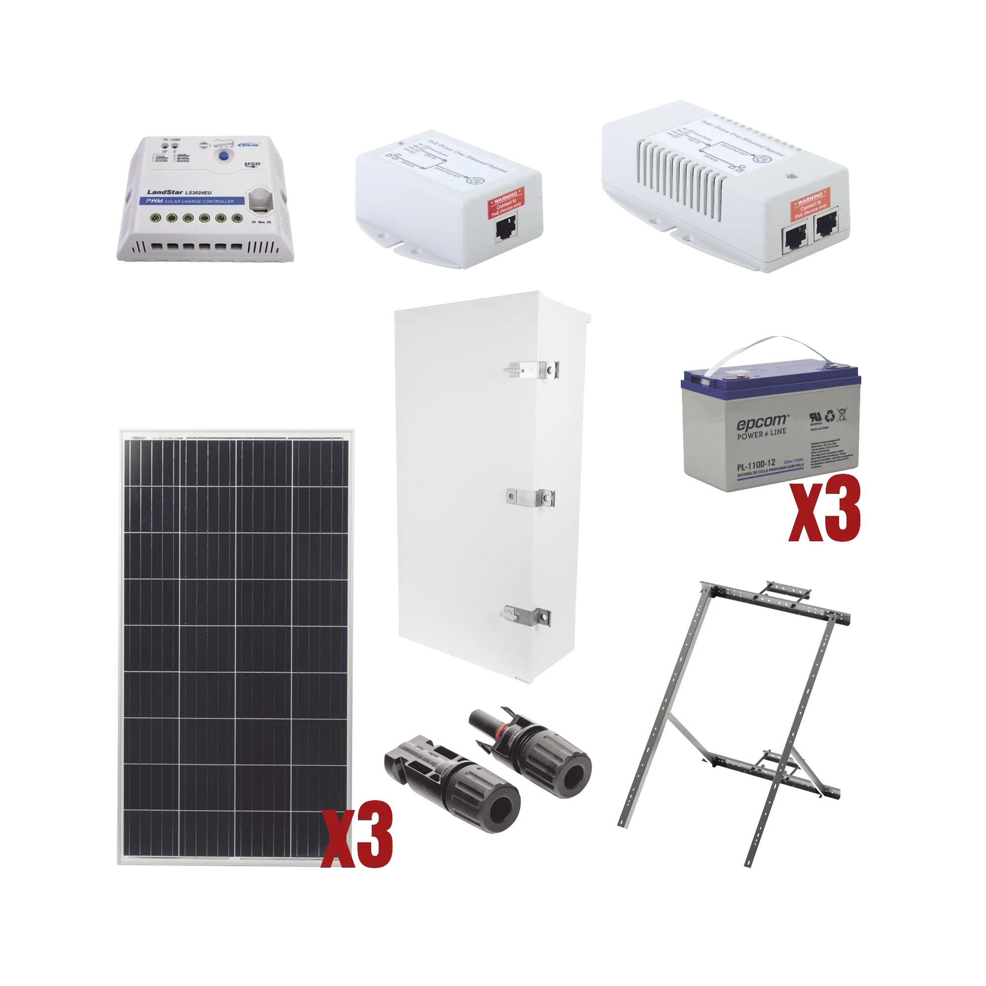 Kit Solar de 35 W con PoE 802.3af y PoE Pasivo 24 Vcc para una Cámara IP y un Radio Ubiquiti airMAX o Cambium ePMP.