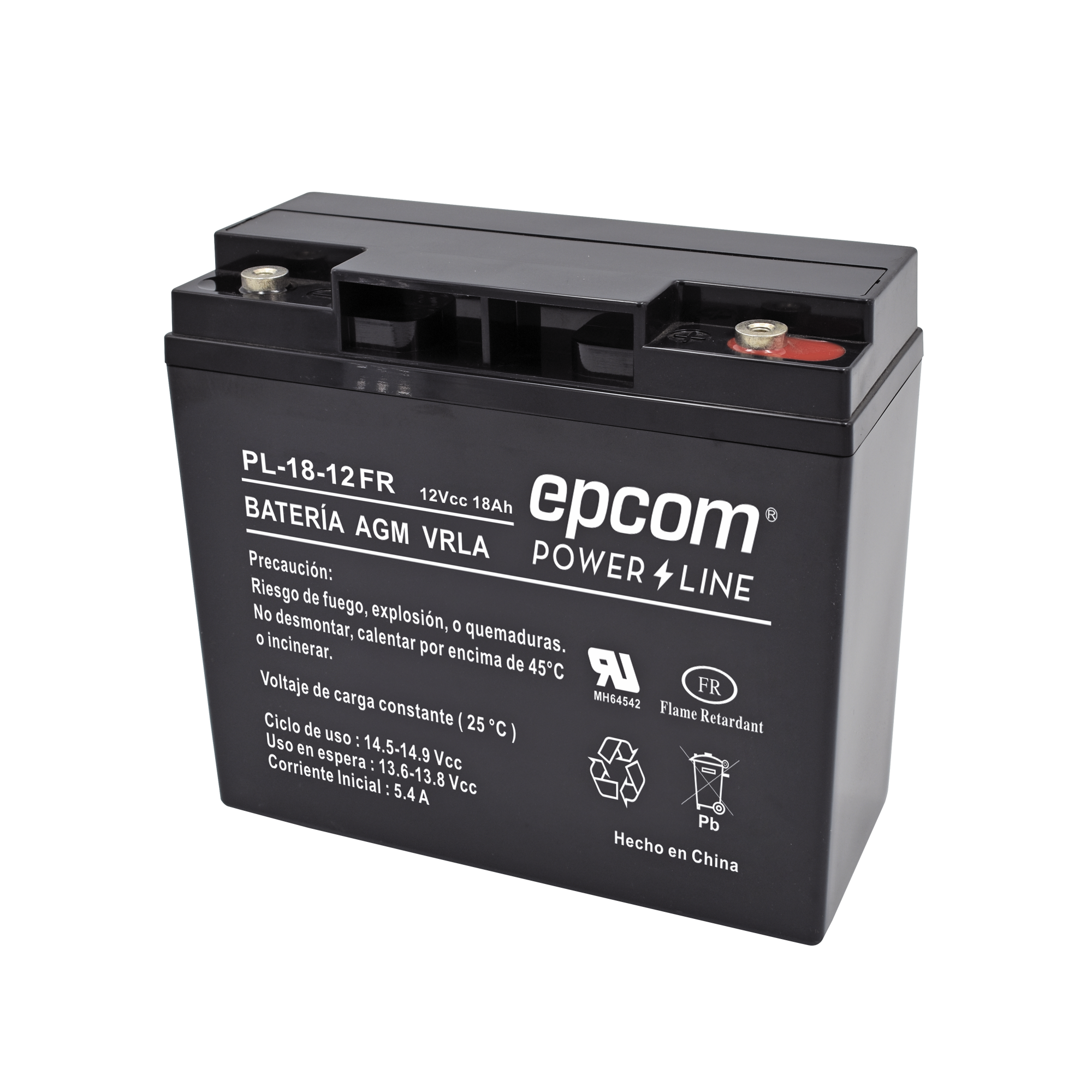 Batería 12 Vcc / 18 Ah / UL / AGM-VRLA / Retardante a la flama / Para uso en equipo electrónico,Alarmas de intrusión / Incendio/ Control de acceso / Video Vigilancia / Terminales tipo M5 ( HEX ) / Cargador recomendado CHR-80.