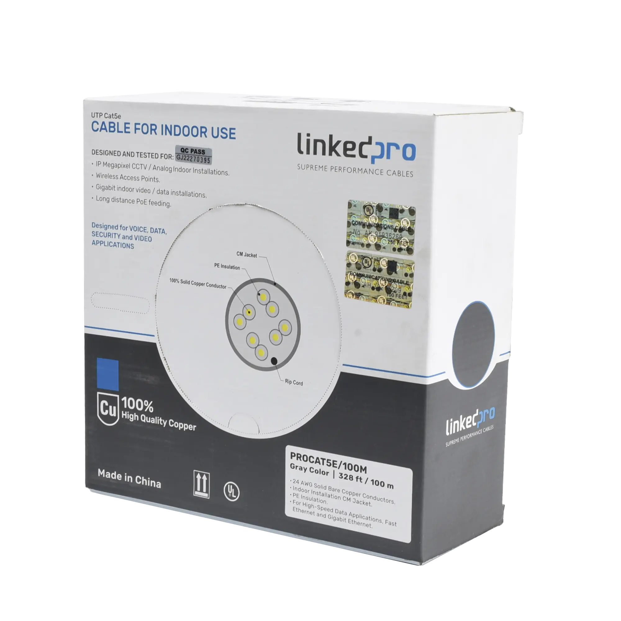 Cable Cat5e de alto rendimiento, con certificaciones ETL, UL, color gris, de 100 m ( 328 ft ) para aplicaciones en CCTV, redes de datos. Uso interior.