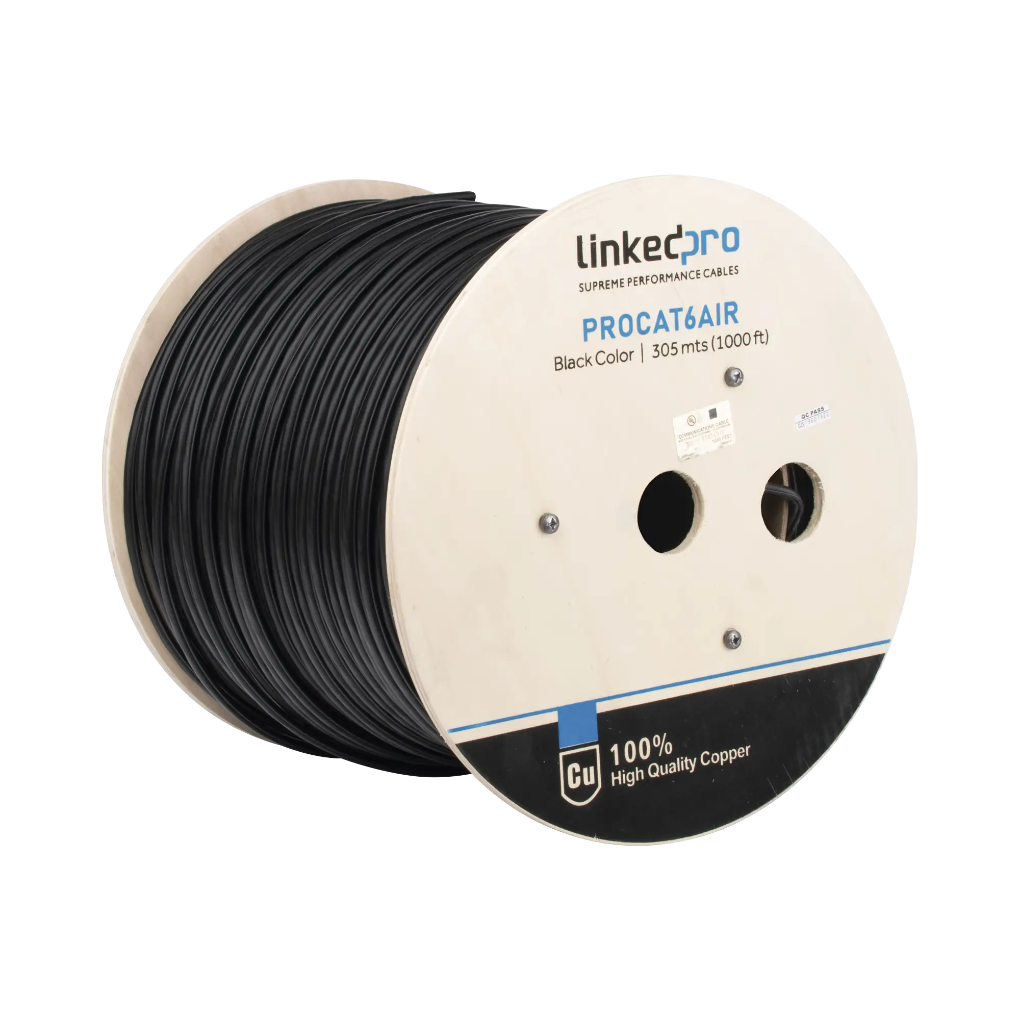 Bobina de cable FTP con Mensajero de Acero de 305 m Cat6+ CALIBRE 23, color negro, para aplicaciones en video vigilancia y redes de datos / Uso en Intemperie y aplicaciones Aéreas