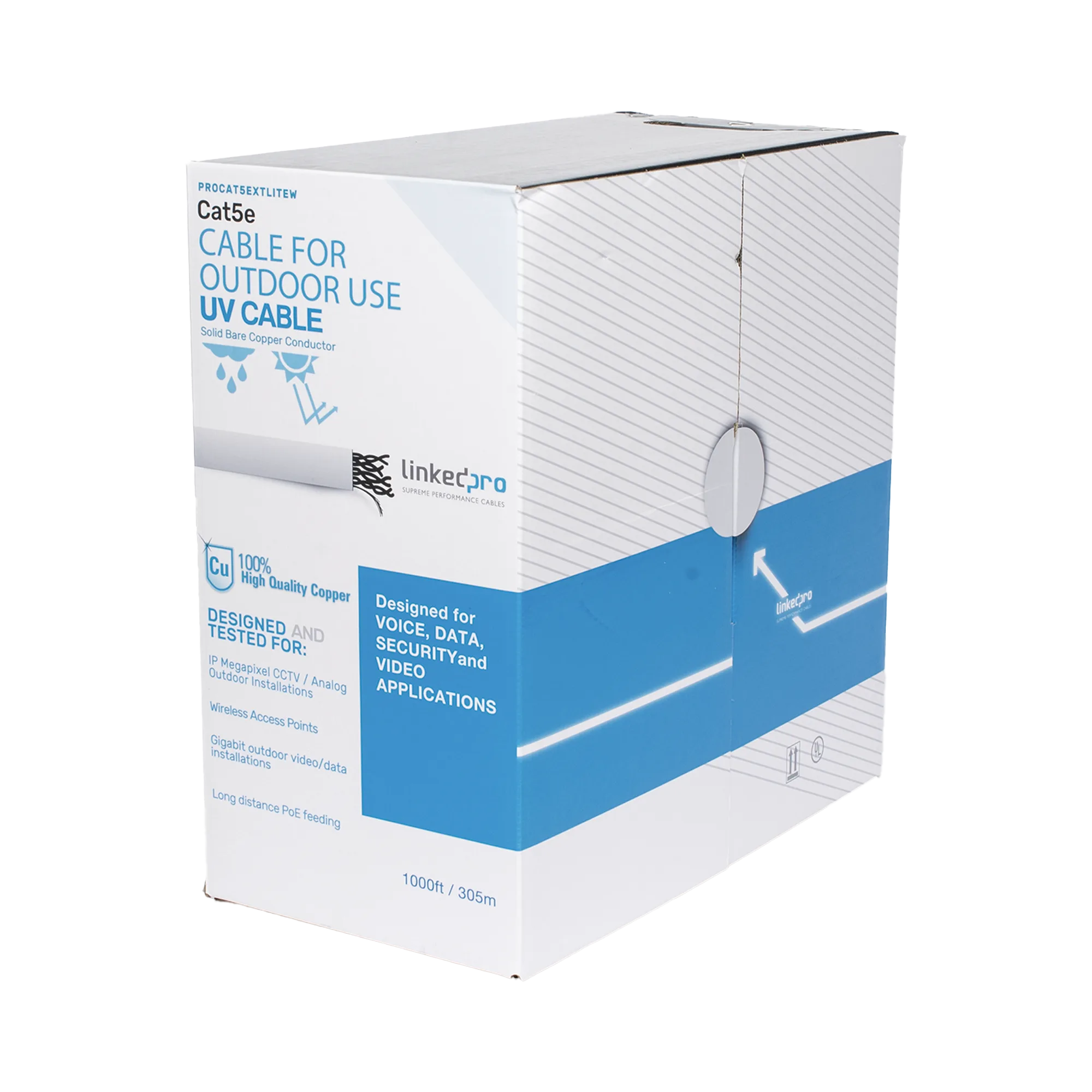 Bobina de cable de 305 m, Cat5e, para intemperie, sin blindar, color blanco, UL, para aplicaciones en CCTV, redes de datos, Requiere tubería para su correcta instalación en ambientes exteriores.