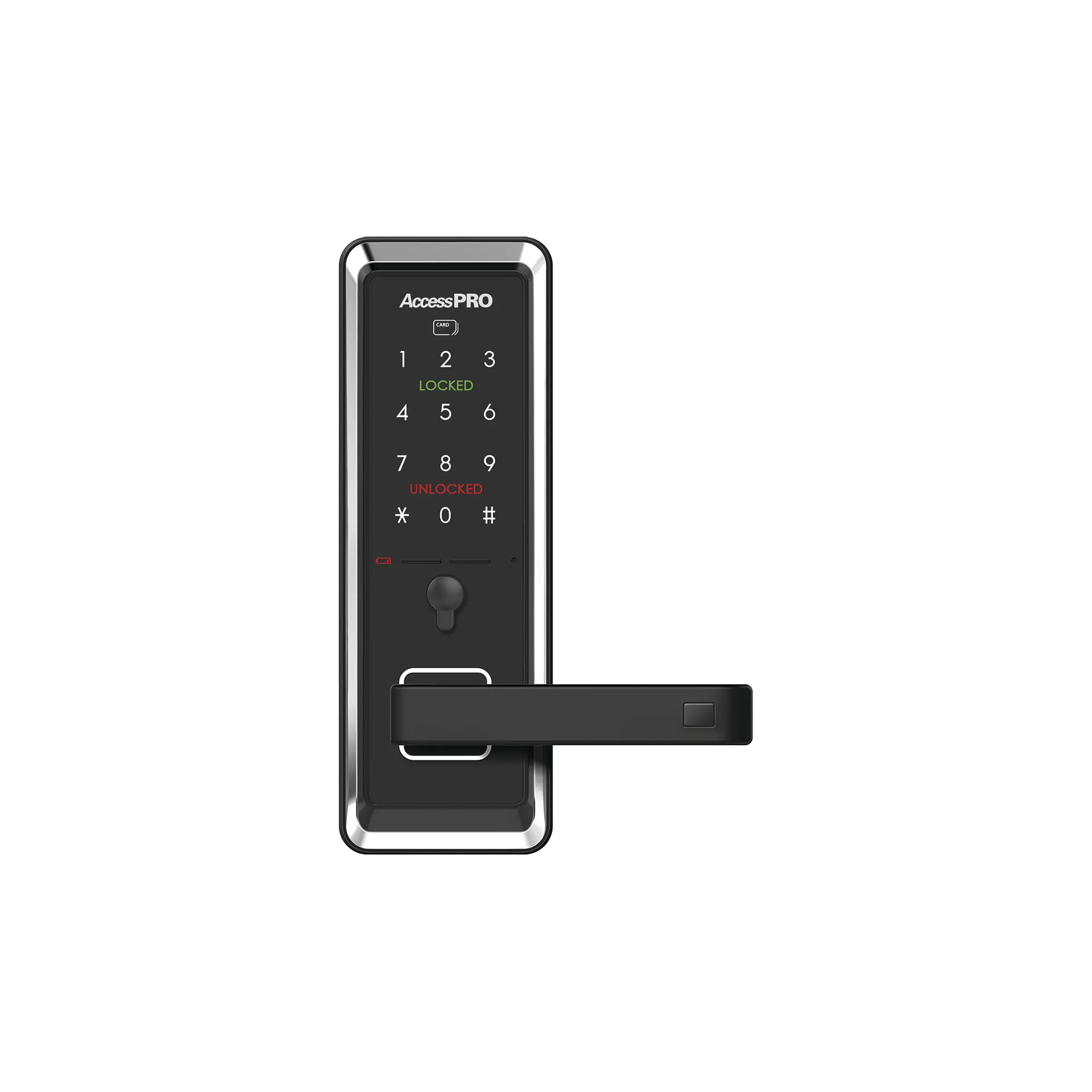 Cerradura inteligente con teclado Touch Screen, Apertura con tarjeta Mifare /Contraseña y Llave de emergencia de diseño compacto para puertas de perilla simple