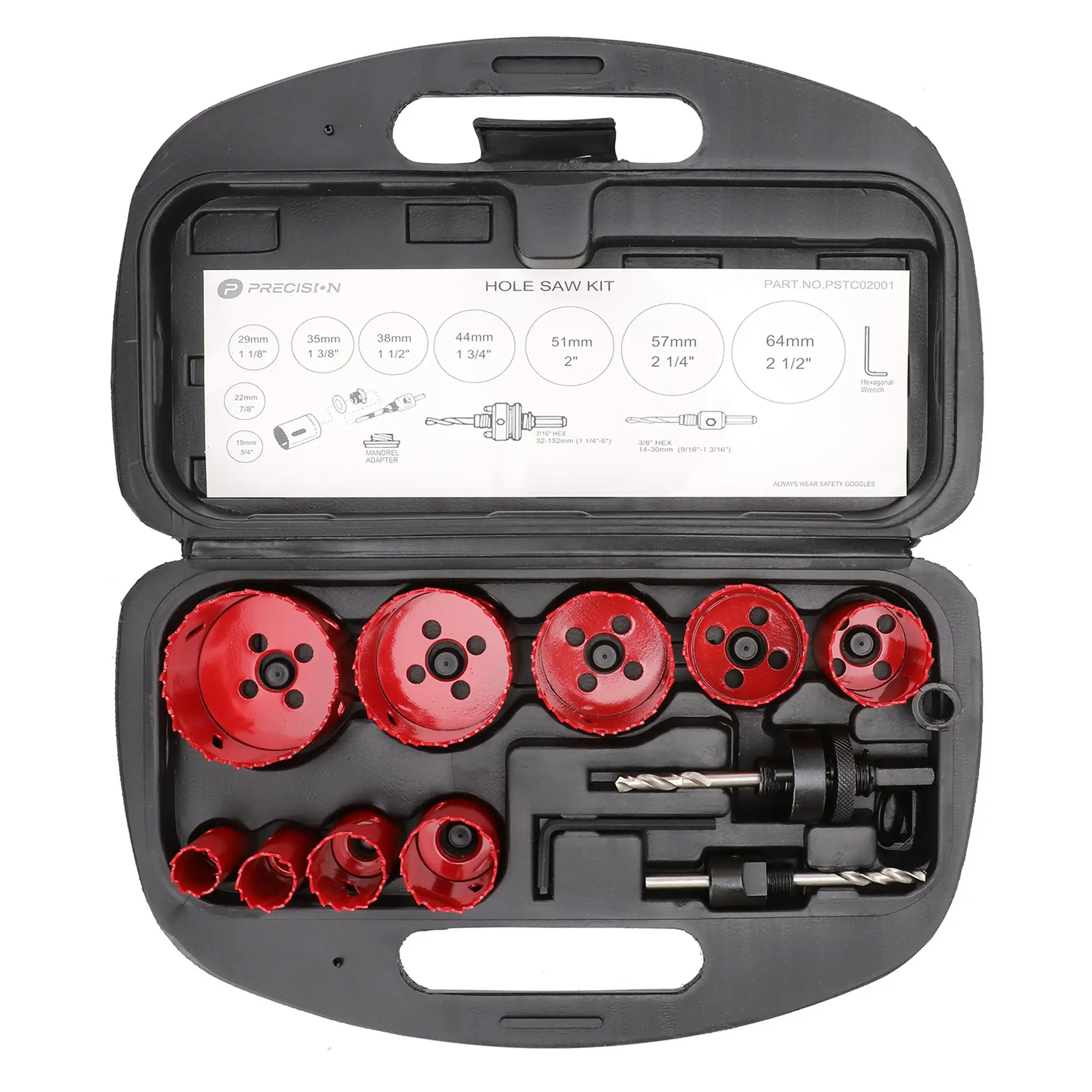 Juego de 13 Brocas Sierra Bimetálica con Adaptadores y Estuche. (3/4″, 7/8″, 1-1/8″, 1-3/8″, 1-1/2″, 1-3/4″, 2″, 2-1/4″, 2-1/2″)