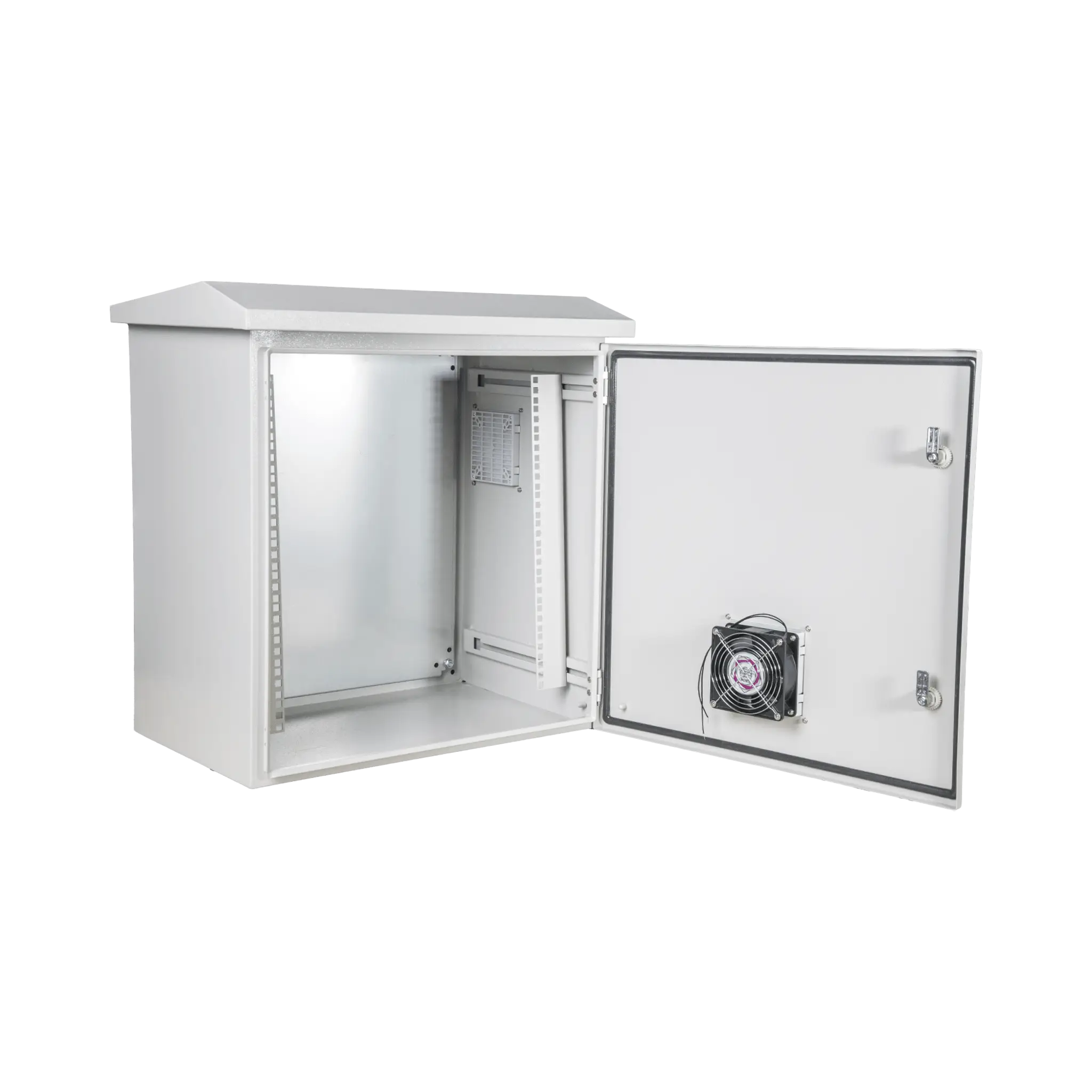 Kit Gabinete Ventilado de Acero, Montaje Rack 19″ 11U, IP55 Uso en Exterior (593 x 609 x 399 mm) con Placa Trasera Interior Metálica y Compuerta Inferior Atornillable. Incluye Ventilador, Ventilas, filtros, Terminal de Tierra Física, Ch