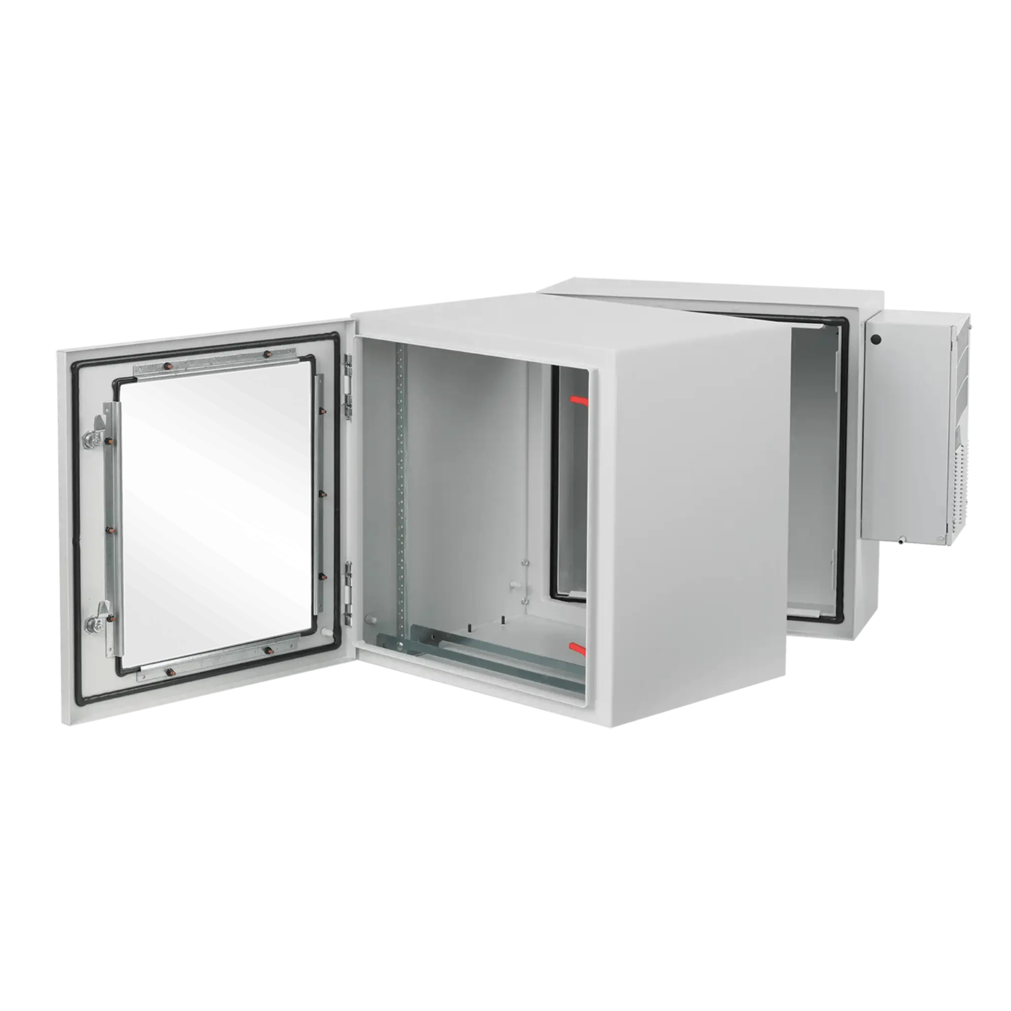 Gabinete Industrial ProTek de Puerta con Ventana, Con Aire Acondicionado de 800 BTU, Protección NEMA Tipo 4/12; IP66; IK10, Abatible, Fabricado en Acero, 19 UR, Color Gris Claro