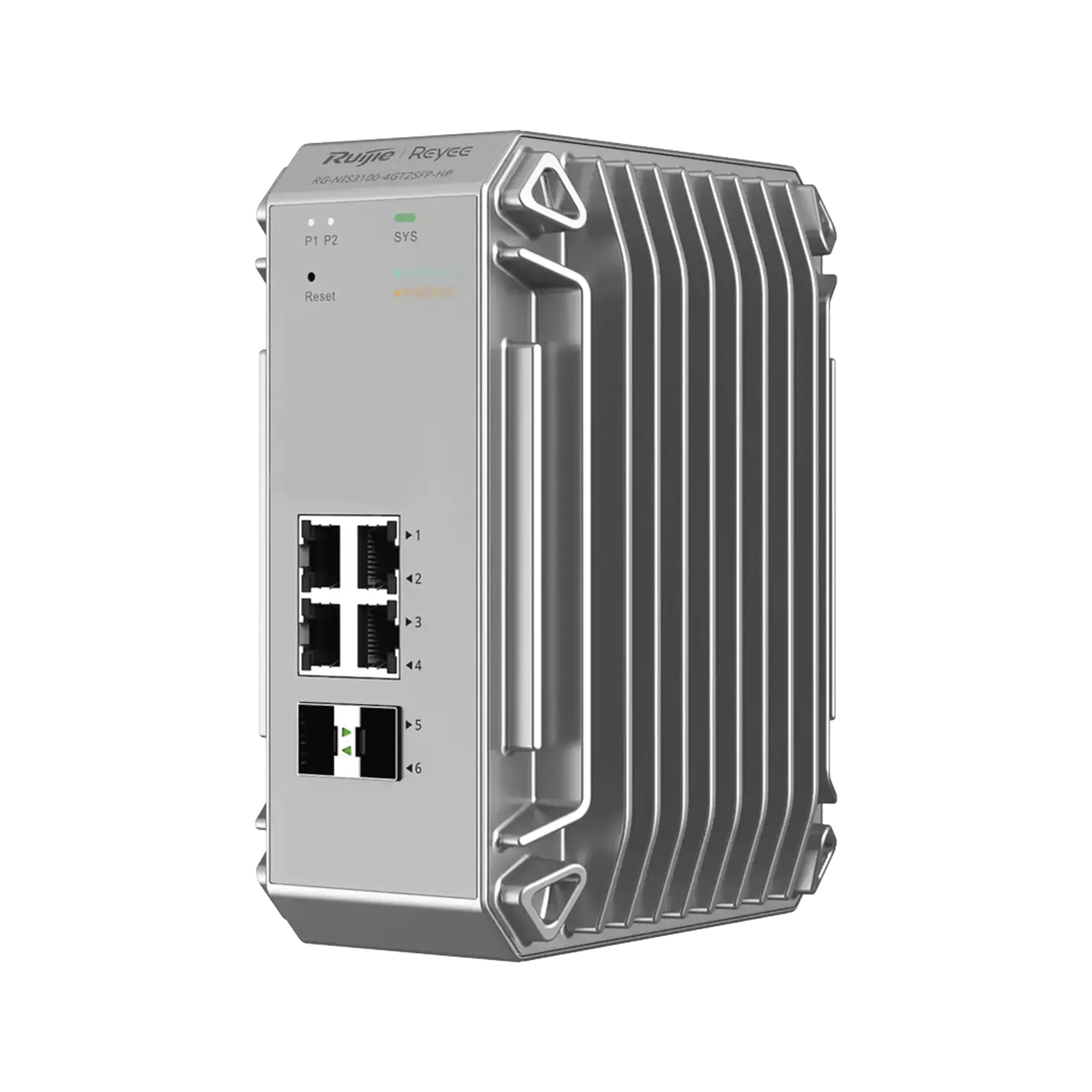 Switch Industrial PoE hasta , Ideal para temperaturas Extremas y protección contra descargas, 4 Puertos Gigabit PoE 802.3 af/at, 2 puertos SFP Administrable Cloud