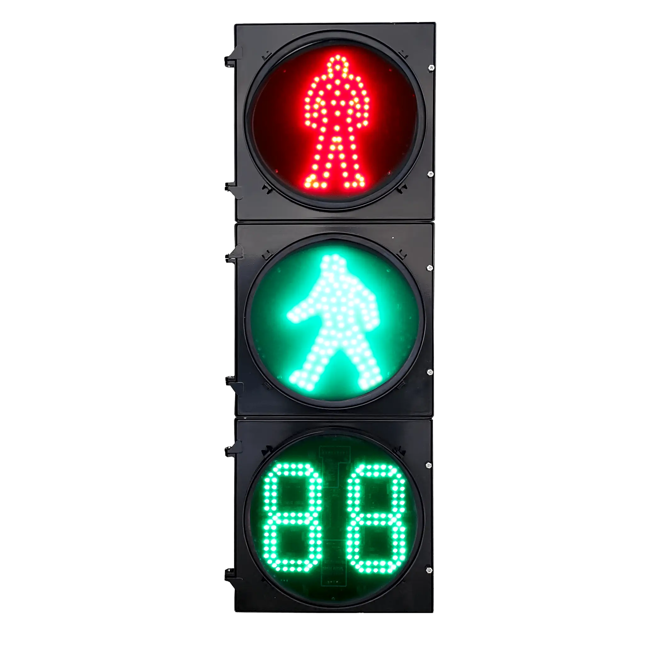 Semáforo Peatonal Estático RX300-3-3910SS-1 / LED de Alta Visibilidad 400 mts / Patrón Peatonal Rojo + Verde Estático + Contador 2 Dígitos / IP53 / Voltaje 176-265 VAC / Material PC+ABS / Temperatura -40°C a 80°C
