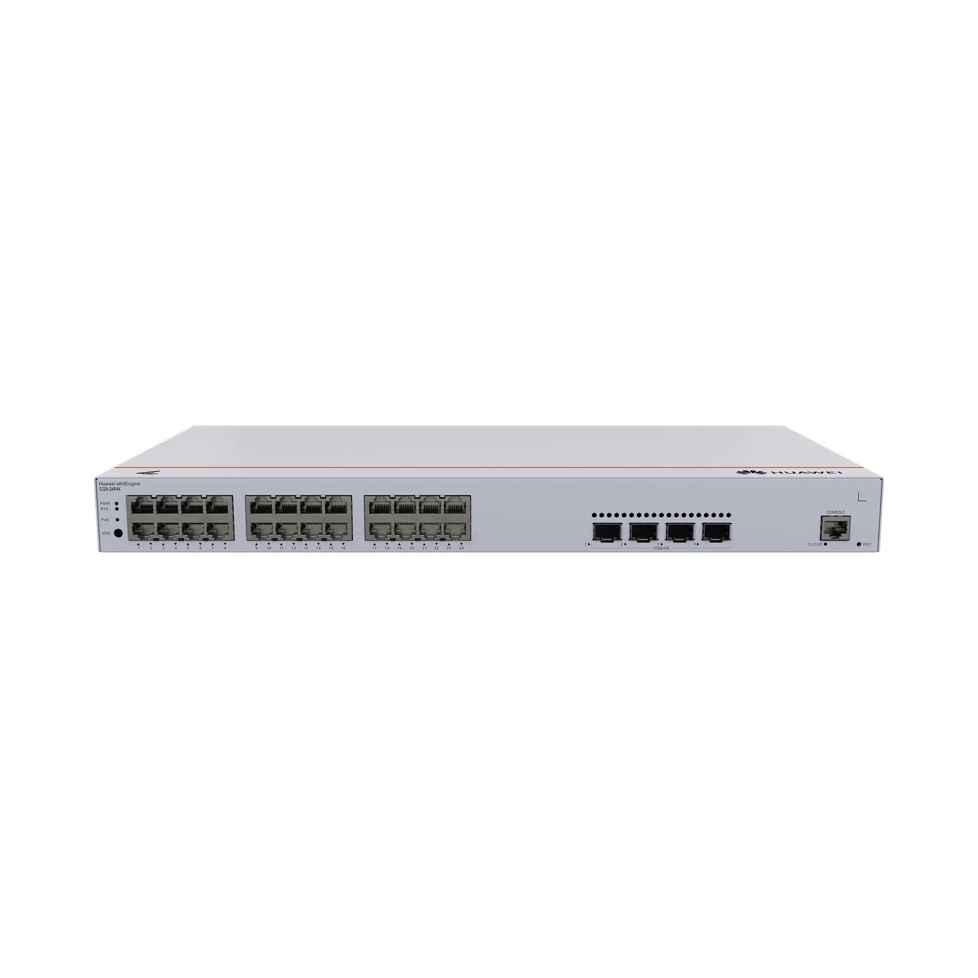Switch de Acceso eKit Administrable / Capa 2 / 24 Puertos PoE+ Gigabit + 4 Puertos SFP+/SFP + Puerto de Consola / Poe Perpetuo / Presupuesto PoE 400 W / Sin Licenciamiento