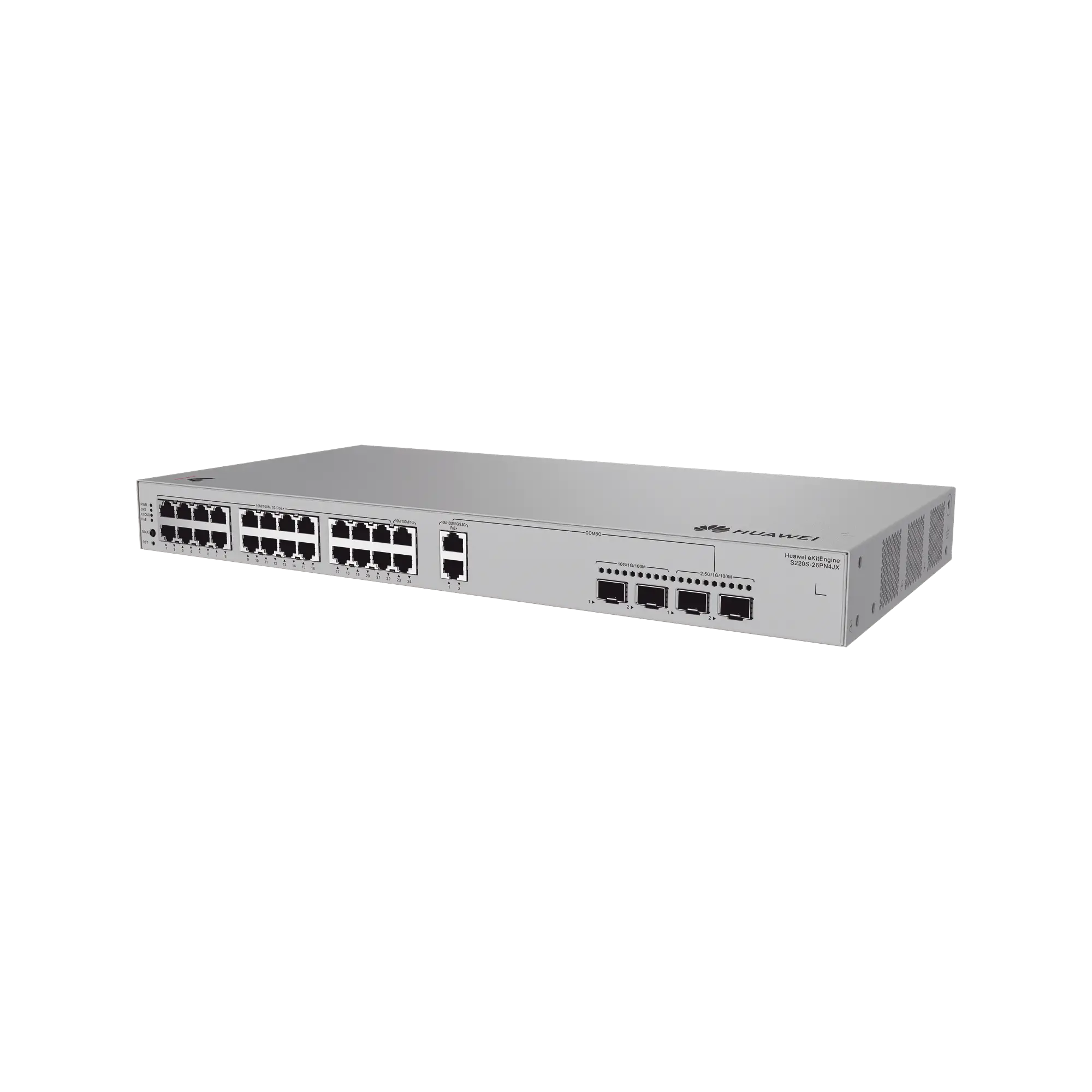 Switch de Acceso eKit Administrable / Capa 2 / 22 Puertos PoE+ Gigabit + 2 Puertos PoE+ 2.5 Gbps + 2 Puertos SFP(2.5 Gbps) + 2 Puertos SFP+(10 Gbps) / PoE Perpetuo / Presupuesto PoE 400 W / Sin Licenciamiento