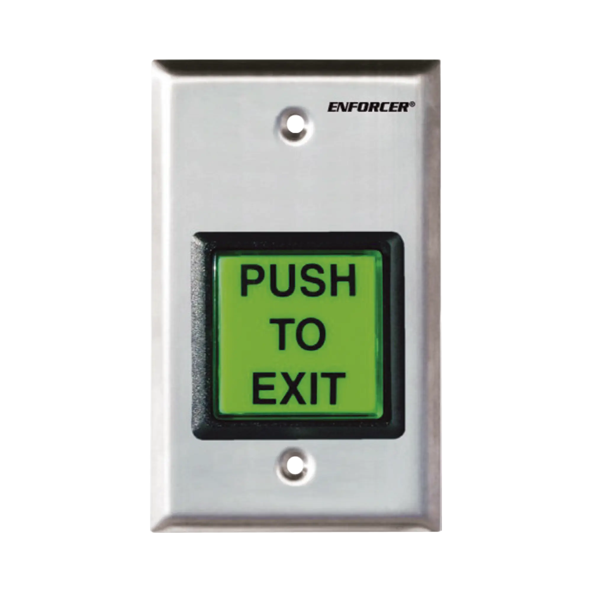 Botón de Salida / Con Iluminación / Con Placa de Pared de Acero Inoxidable / IP65 / Voltaje 12 / 24 Vcd / Mensaje de Idioma Intercambiable / 3 Placas de Idioma Incluidas