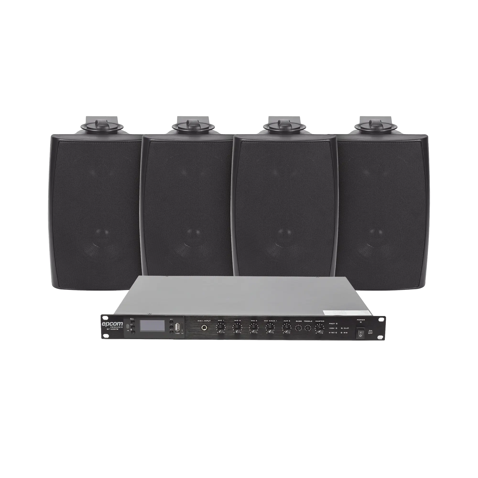 KIT de Amplificador de Audio 120W para Rack | 4 Altavoces de Pared color Negro 2.5W – 20W | Sistema 70/100V