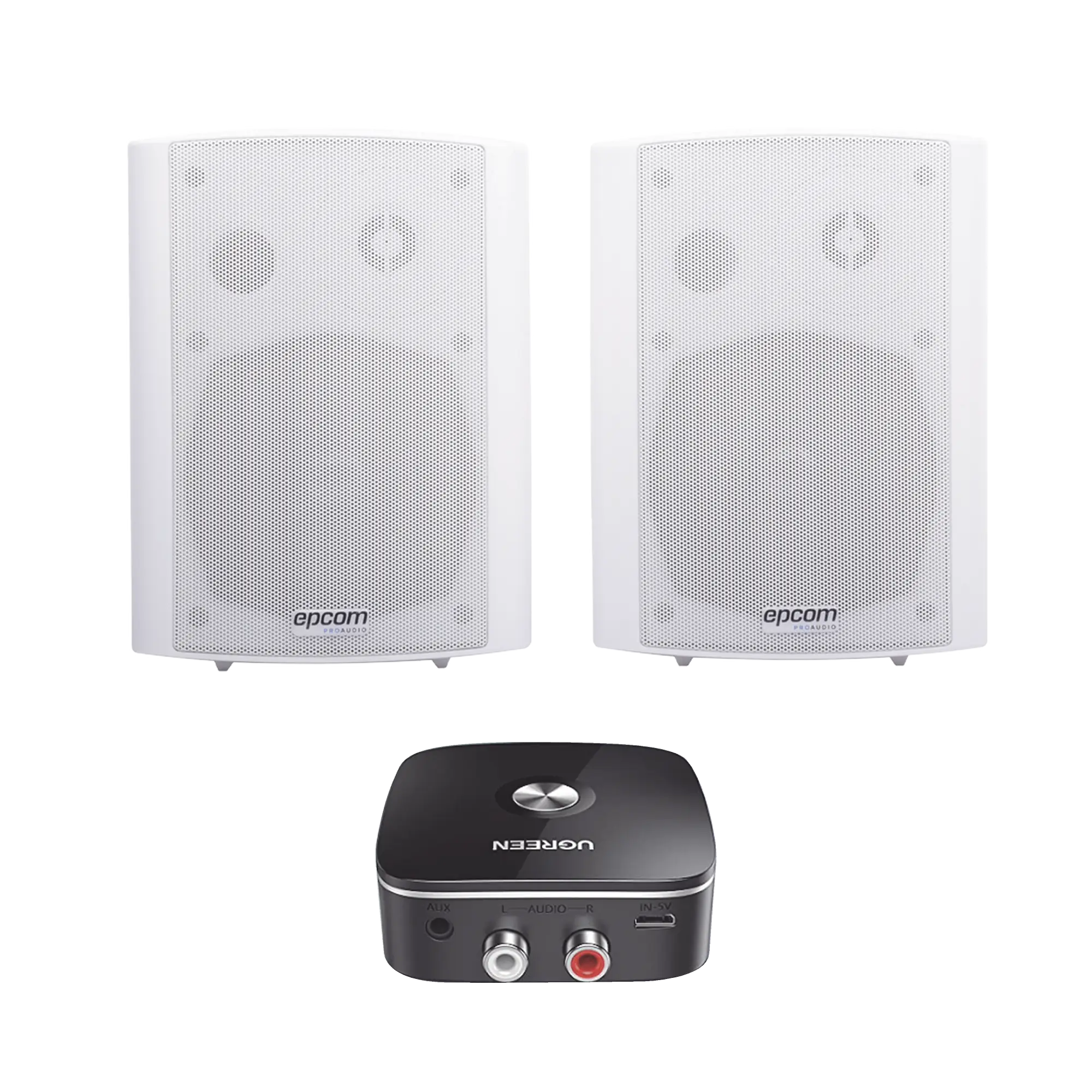 Kit Altavoces + Modulo Receptor BT | Montaje en Pared | 2x20W RMS | Material ABS y Reja Metálica | Bracket de Metal | Color Blanco