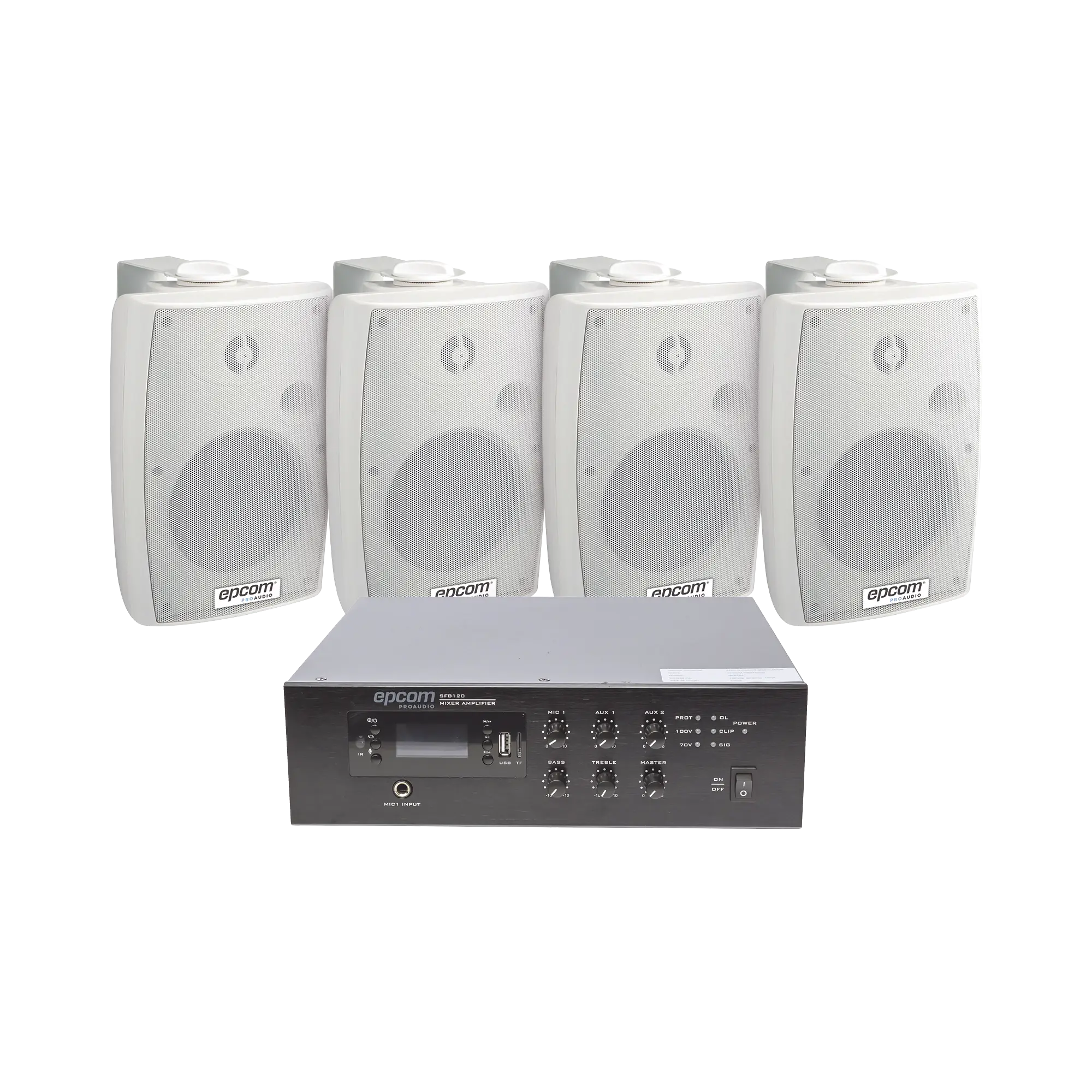 KIT de Amplificador de 120W para Escritorio | 4 Altavoces de Pared color Blanco 2.5W – 20W | Sistema 70/100V