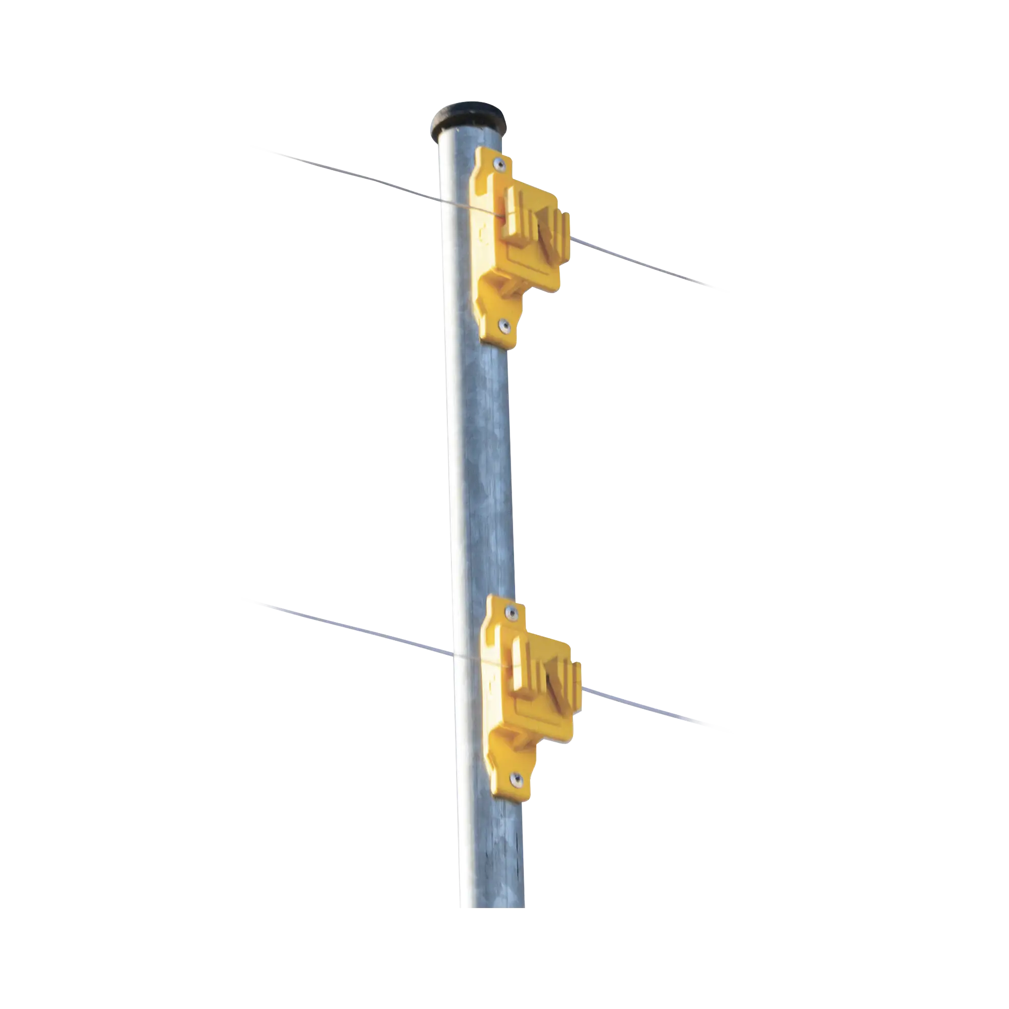 Aislador de Paso color Amarillo reforzado para cercos eléctricos, resistente al clima extremoso