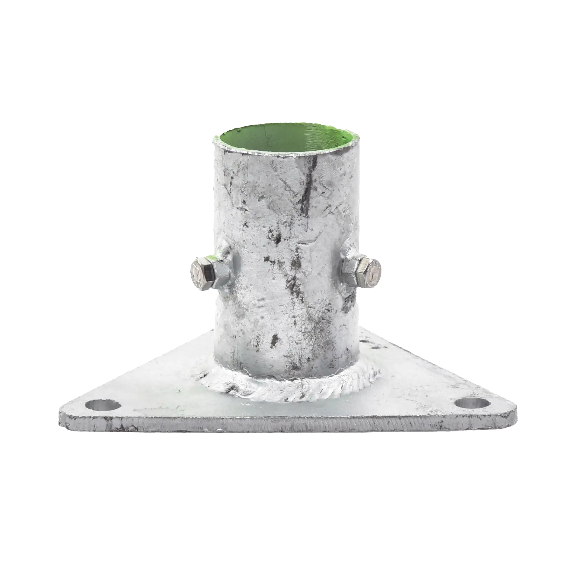 Base Triangular para Mástil de 1″ a 2″ con Opresores. Galvanizado por Inmersión en Caliente.
