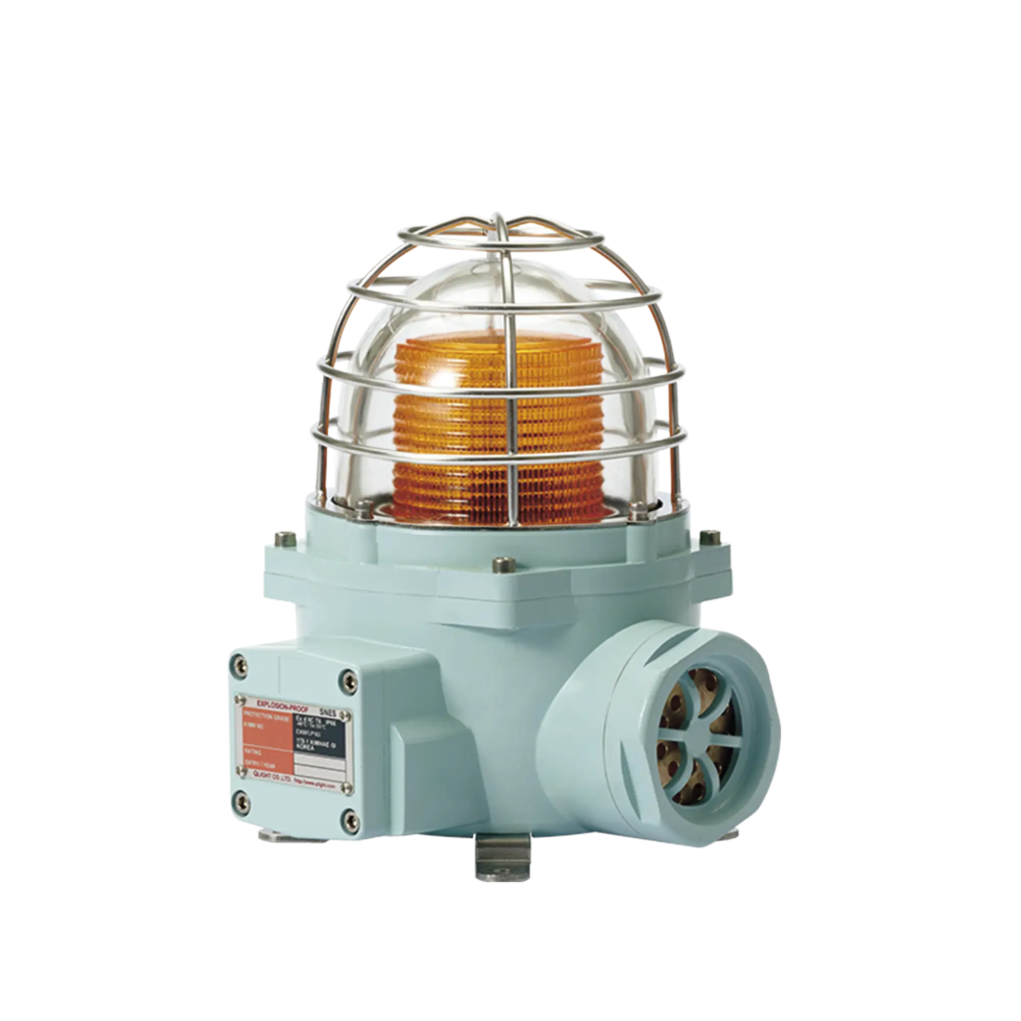 Luz LED color Ámbar de advertencia con patrón de destello flasheante/fijo para zonas peligrosas con buzzer incluido a 105 dB. de 120 VCA