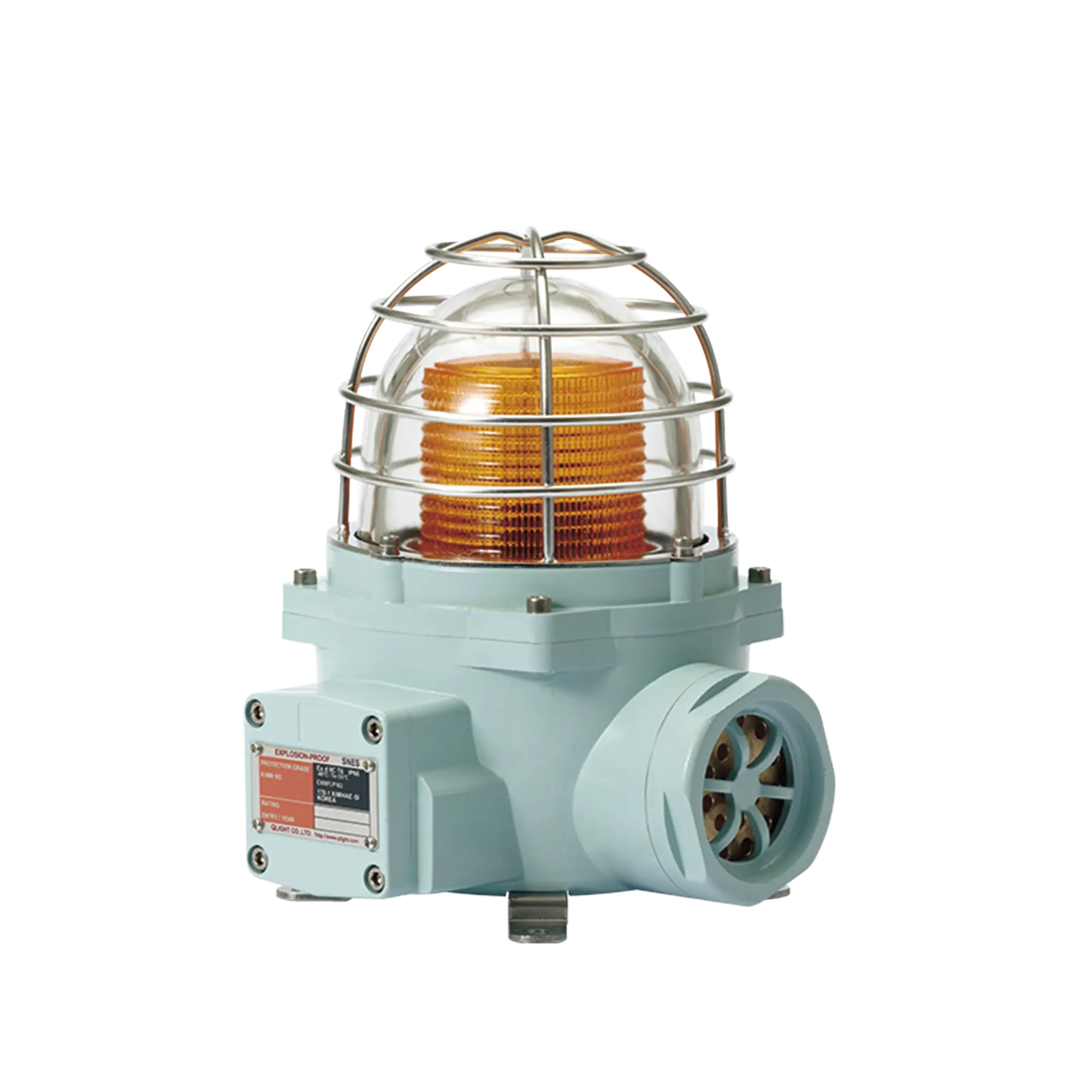 Luz LED color Ámbar de advertencia con patrón de destello flasheante/fijo para zonas peligrosas con buzzer incluido a 105 dB. de 24 VCD