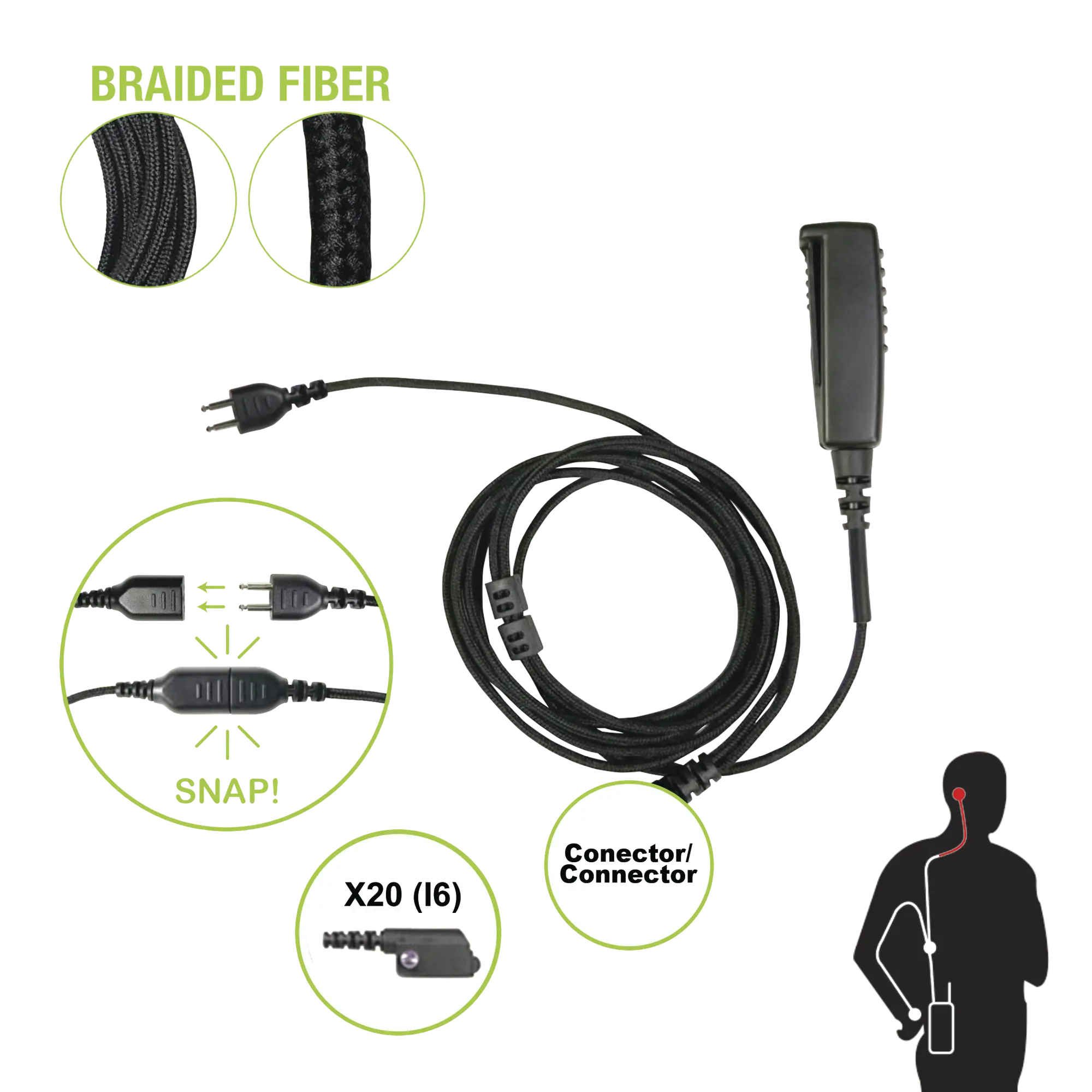 Cable para Micrófono audífono SNAP intercambiable con conector para Radios Icom IC-F3216/4261DS/DT, IC-F52D/62D, IC-F3400/4400DS/DT