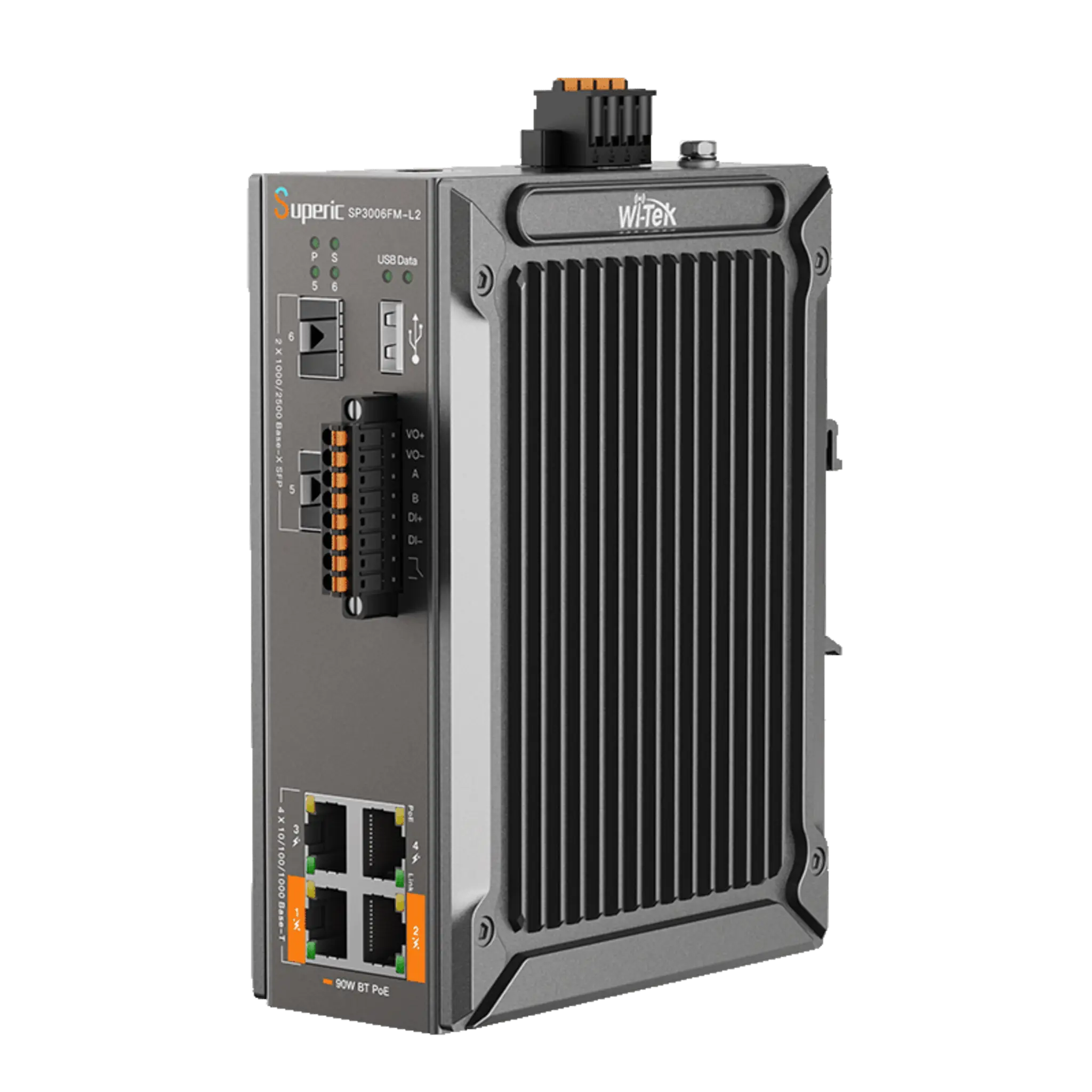 Switch Industrial Administrable / Gigabit con 2 Puertos PoE bt / 2 Puertos PoE af/at / 2 SFP Gigabit / Soporta RS485 / Presuepuesto PoE 128W