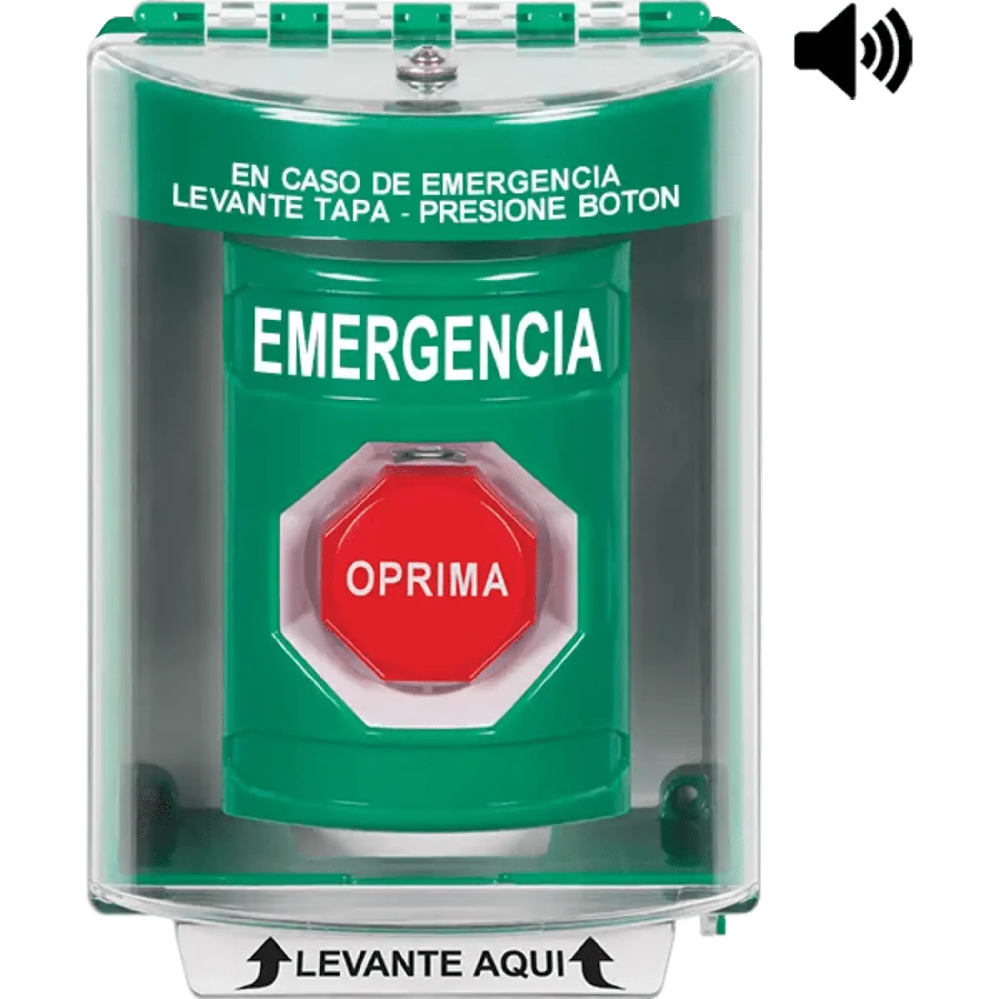 ?Botón Multipropósito, Color Verde, De Superficie con Espaciador, C/Tapa De Policarbonato, C/Bocina Pre Alarma, Interior/Exterior, Llave Para Restablecer, Texto De Emergencia, Español
