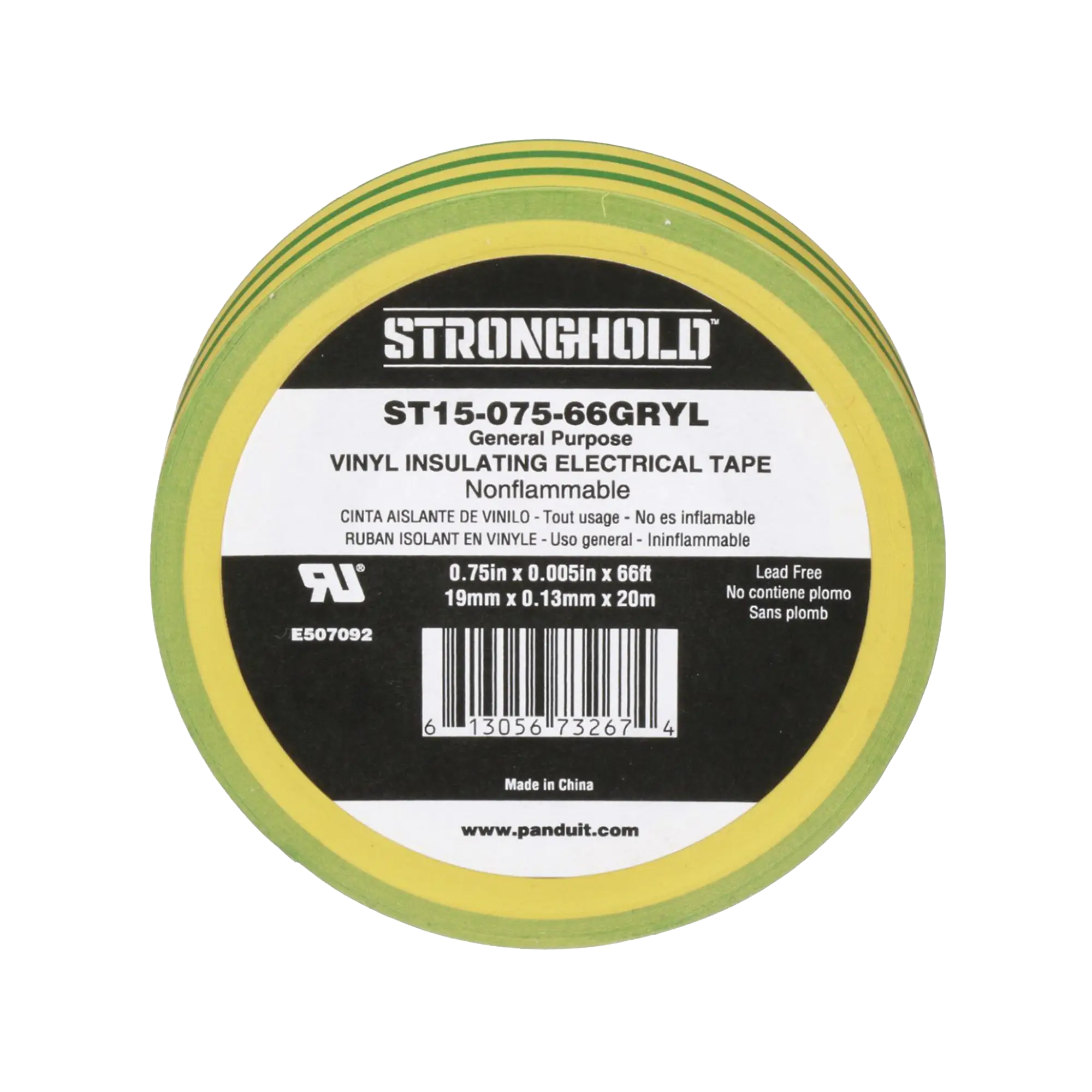 Cinta Eléctrica STRONGHOLD para Aislar, de PVC, Uso Construcción General en Tierras Físicas, Grosor de 0.13 mm (5 mil), Ancho de 19.05 mm, y 20.12 m de Largo, Color Amarillo/Verde.