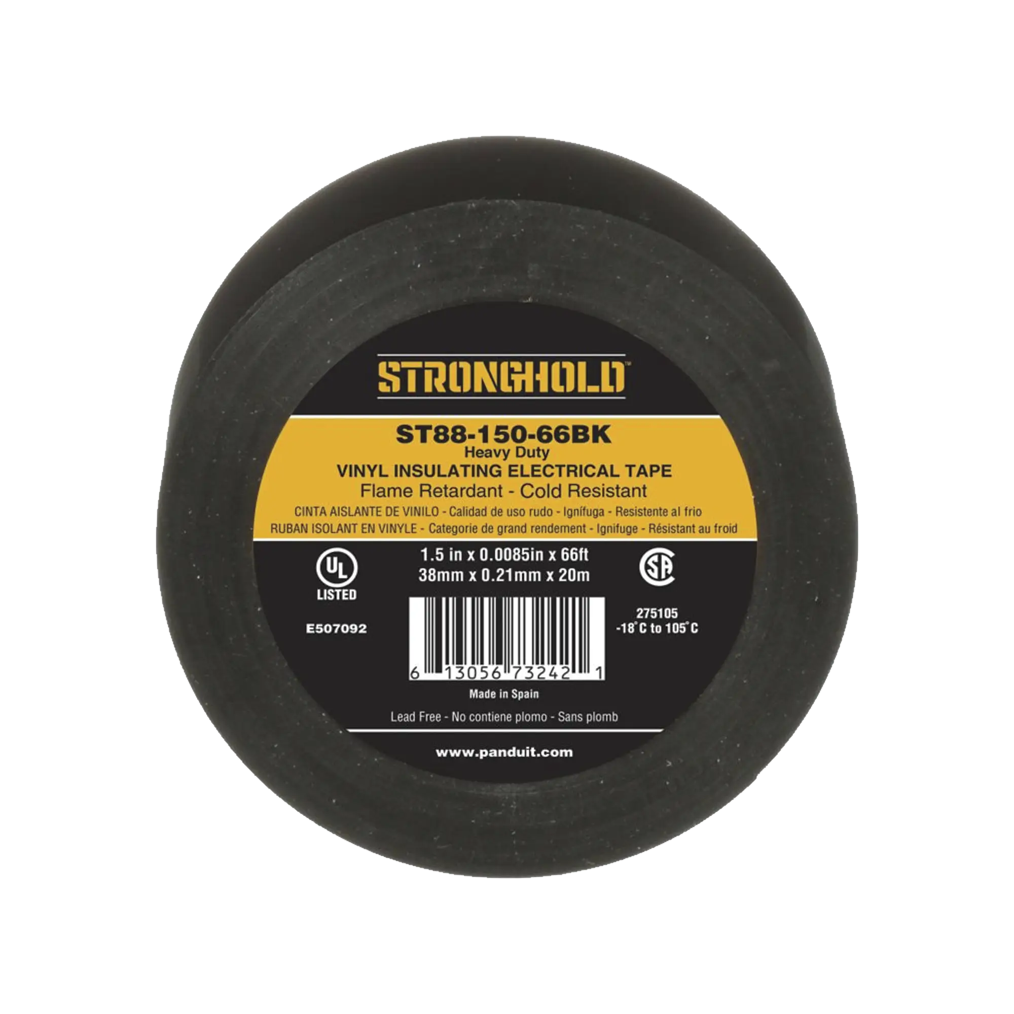 Cinta Eléctrica STRONGHOLD para Aislar, de PVC, Trabajo Pesado Eléctrico Industrial (Soporta UV, abrasión, agua, aceite y corrosión), Grosor de 0.21 mm (8.5 mil), Ancho de 38 mm, y 20 m de Largo, Uso Interior/Exterior, Color Ne