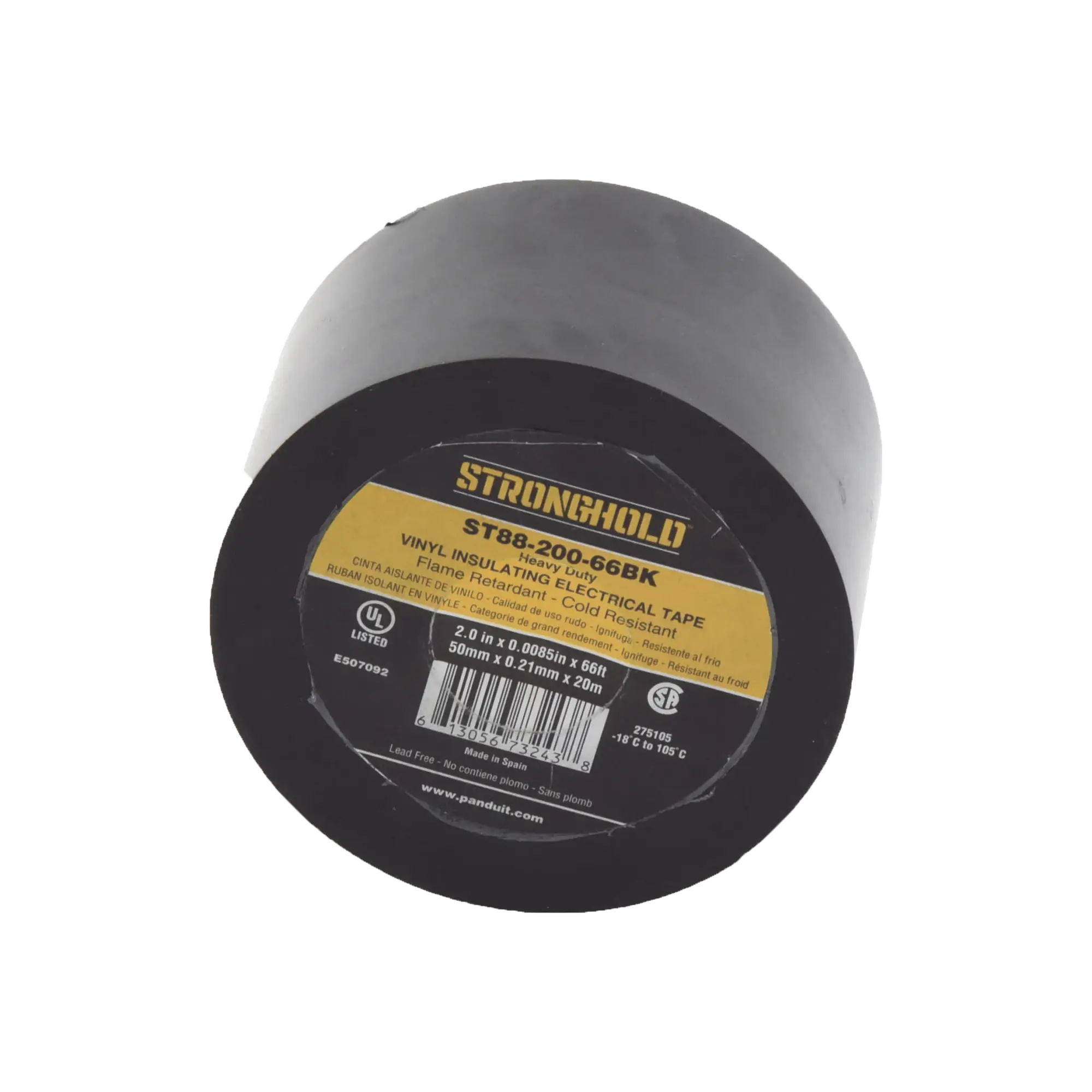Cinta Eléctrica STRONGHOLD Para Aislar, de PVC, Trabajo Pesado Eléctrico (UV, abrasión, aceite, corrosión), Grosor 0.21 mm (8.5 mil), Ancho 50 mm, y 20 m Largo, Uso Int./Ext., Color Negro. Superior a cinta Super 33
