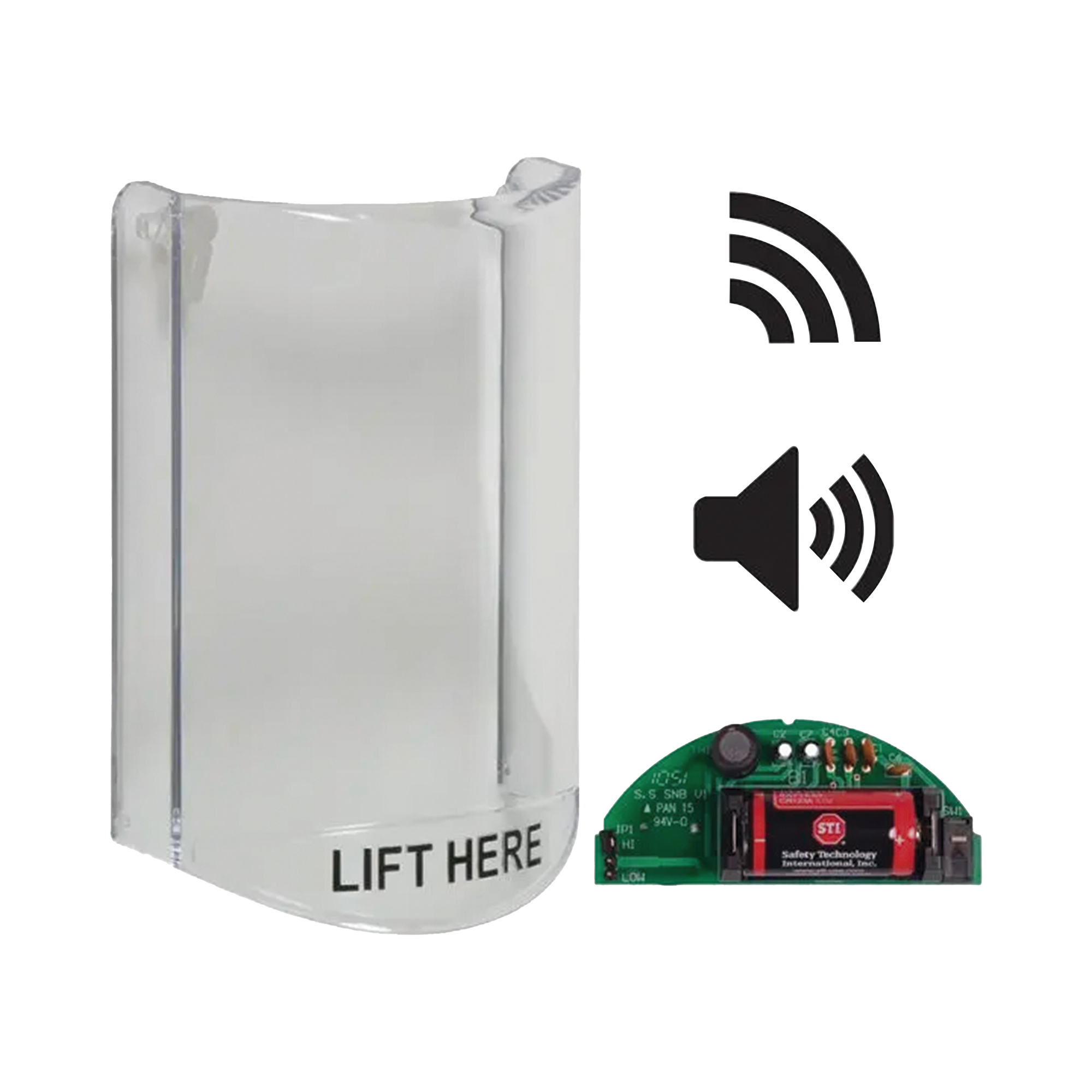 Cubierta Protectora De Policarbonato, Súper Resistente, Con Sonido, Con Transmisor Inalámbrico Para STI-V34104, Texto En Ingles, Para Botones Multiusos Serie Stopper® Station De STI