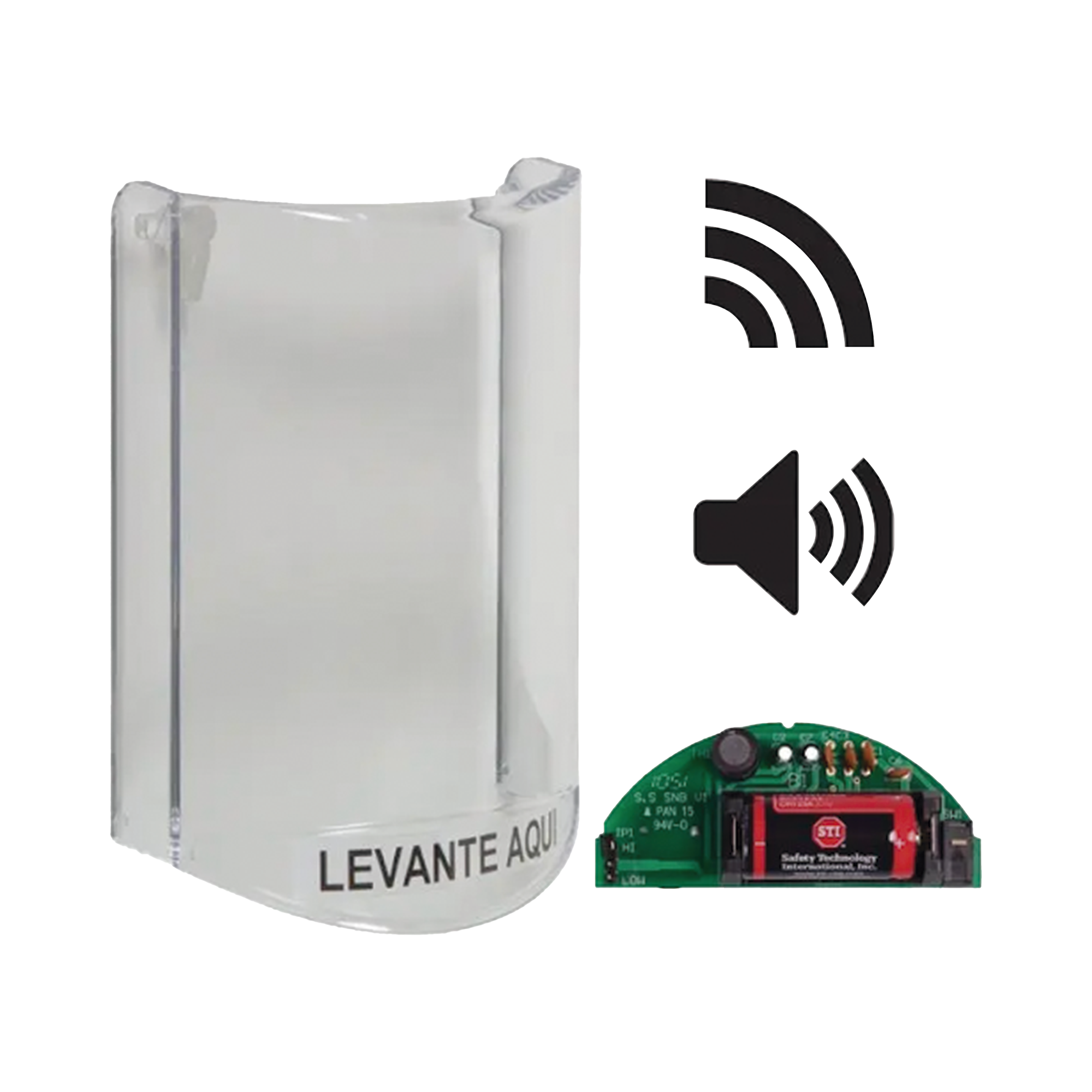 Cubierta Protectora De Policarbonato, Súper Resistente, Con Sonido, Con Transmisor Inalámbrico Para STI-V34104, Texto En Español, Para Botones Multiusos Serie Stopper® Station De STI