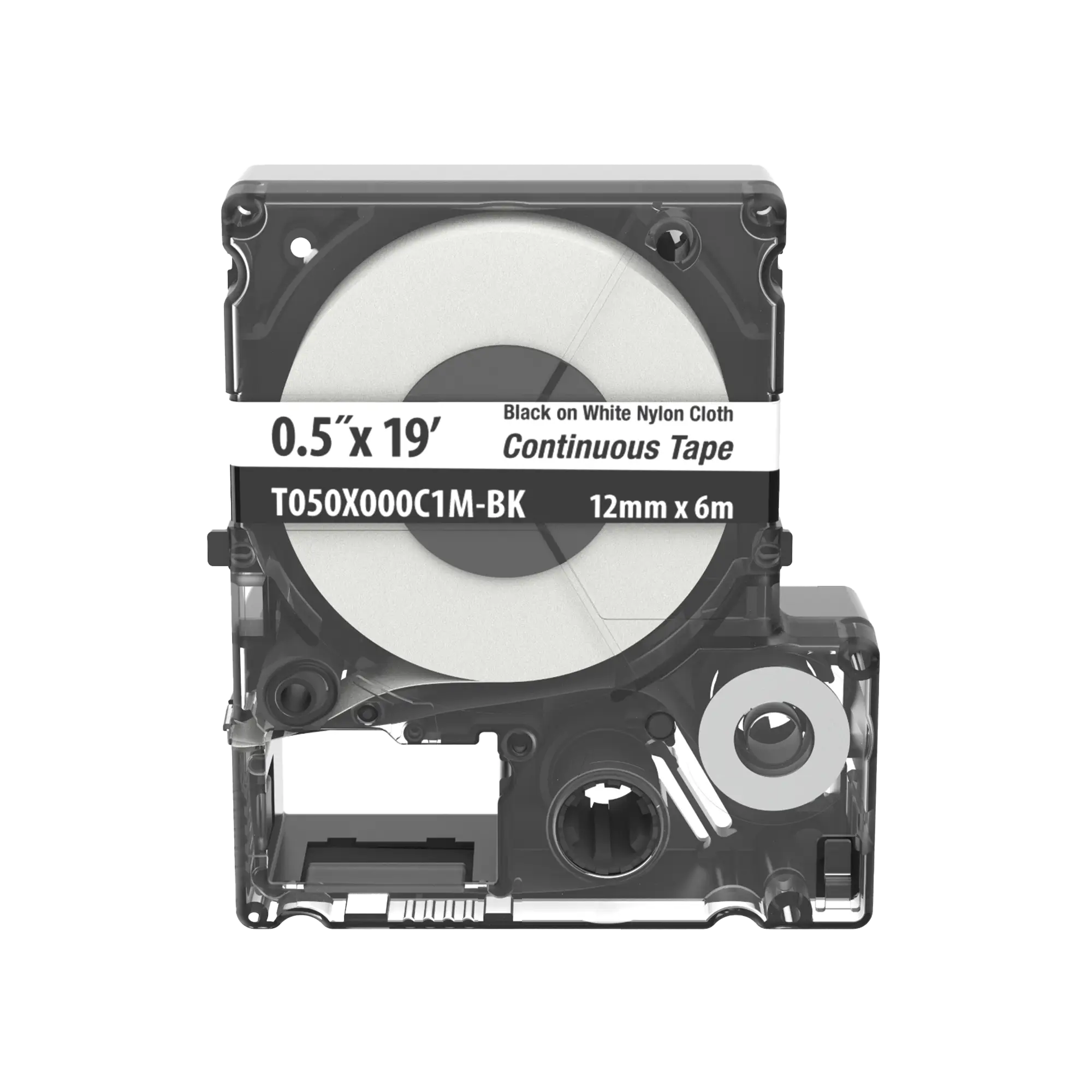 Casete de Etiquetas de Nylon de Cinta Continua, Color Negro Sobre Blanco, Uso Interior/Exterior, 12 (0.5 in) mm de Ancho x 6 Metros de Largo