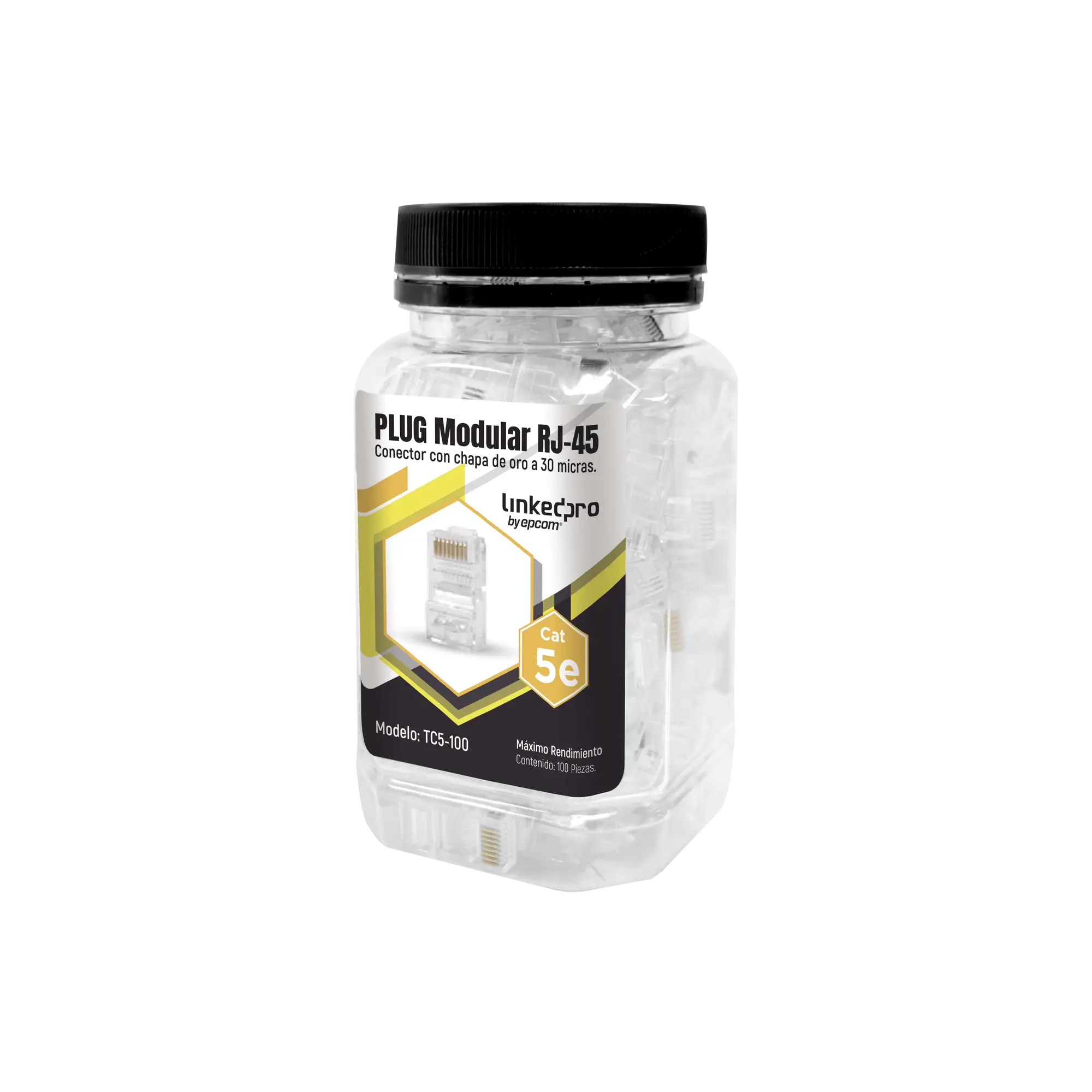 Bote con 100 Piezas de Plug Modular RJ45 Cat5e sin blindaje, chapado de oro a 30 micras para durabilidad extrema
